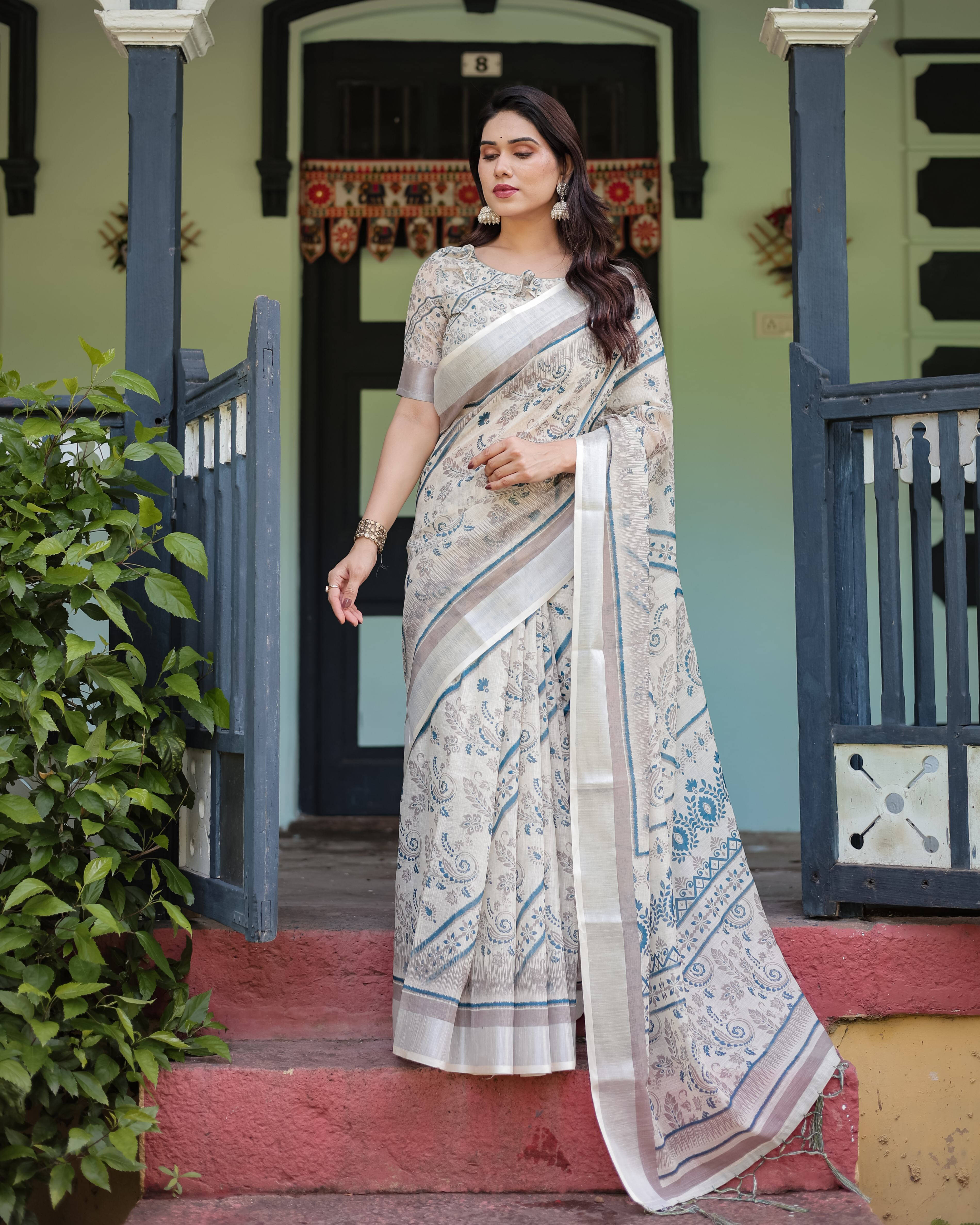     			Bansari Textile Cotton Blend Printed Kanjeevaram Sarees With Unstitched Blouse Piece ( Cream )