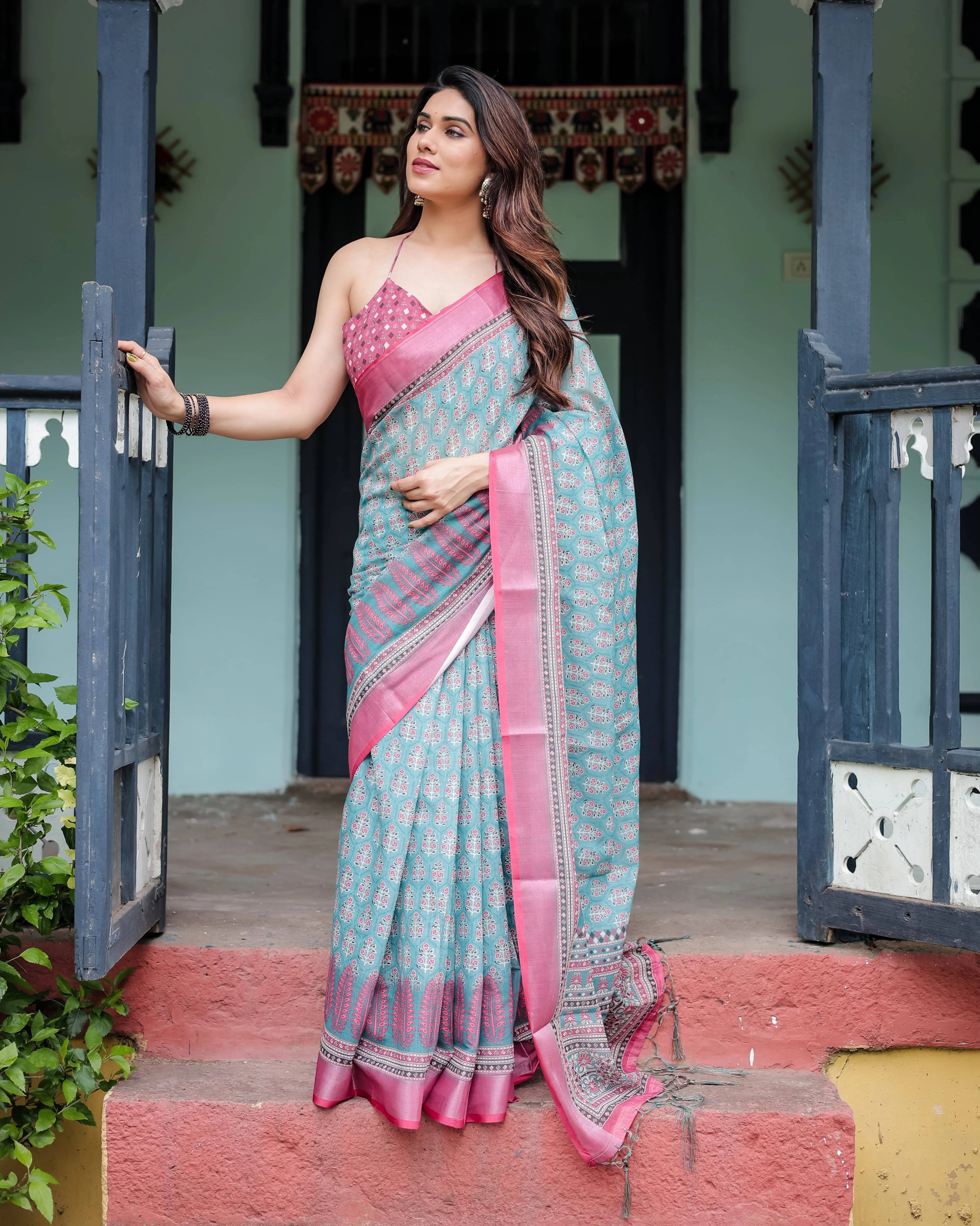     			Bansari Textile Cotton Blend Printed Kanjeevaram Sarees With Unstitched Blouse Piece ( Green )