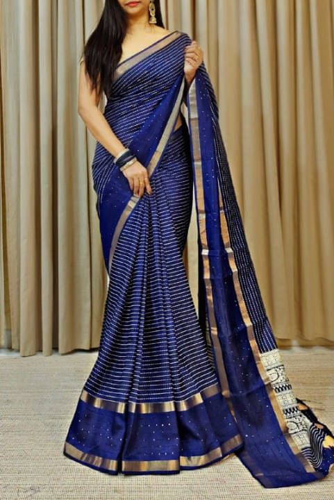 Bansari Textile Cotton Blend Self Design Banarasi saree With Unstitched Blouse Piece ( Blue ) Bansari Textile Cotton Blend Self Design Banarasi saree With Unstitched Blouse Piece ( Blue )