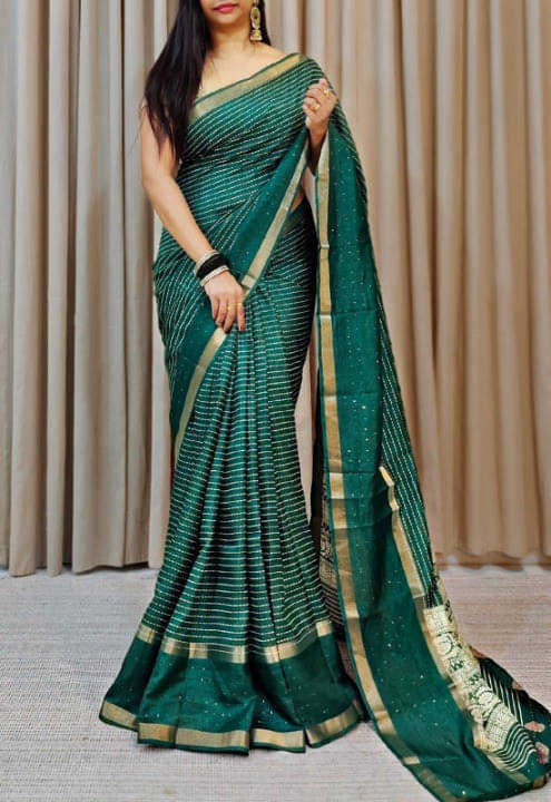 Bansari Textile Cotton Blend Self Design Banarasi saree With Unstitched Blouse Piece ( Green )     			Bansari Textile Cotton Blend Self Design Banarasi saree With Unstitched Blouse Piece ( Green )