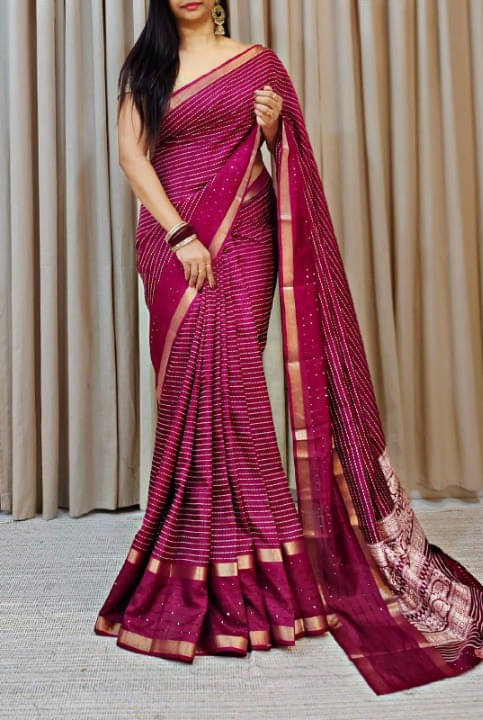 Bansari Textile Cotton Blend Self Design Banarasi saree With Unstitched Blouse Piece ( Purple ) Bansari Textile Cotton Blend Self Design Banarasi saree With Unstitched Blouse Piece ( Purple )
