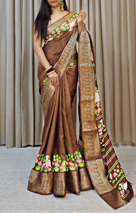     			Bansari Textile Cotton Blend Self Design Regular Saree With Unstitched Blouse Piece ( Brown )