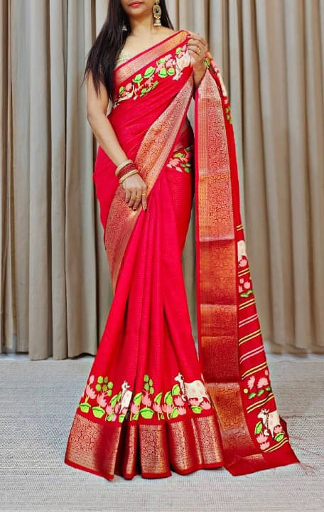 Bansari Textile Cotton Blend Self Design Regular Saree With Unstitched Blouse Piece ( Red ) Bansari Textile Cotton Blend Self Design Regular Saree With Unstitched Blouse Piece ( Red )