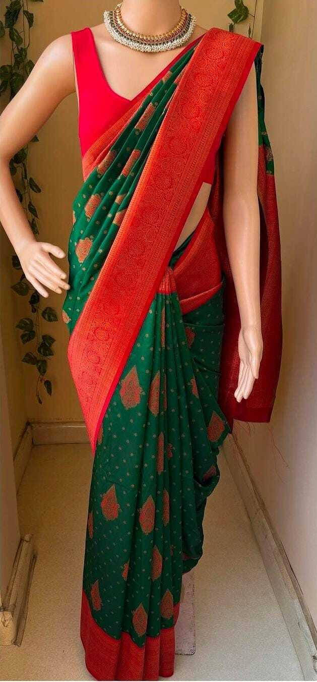 Bansari Textile Cotton Blend Self Design Banarasi saree With Unstitched Blouse Piece ( Green ) Bansari Textile Cotton Blend Self Design Banarasi saree With Unstitched Blouse Piece ( Green )