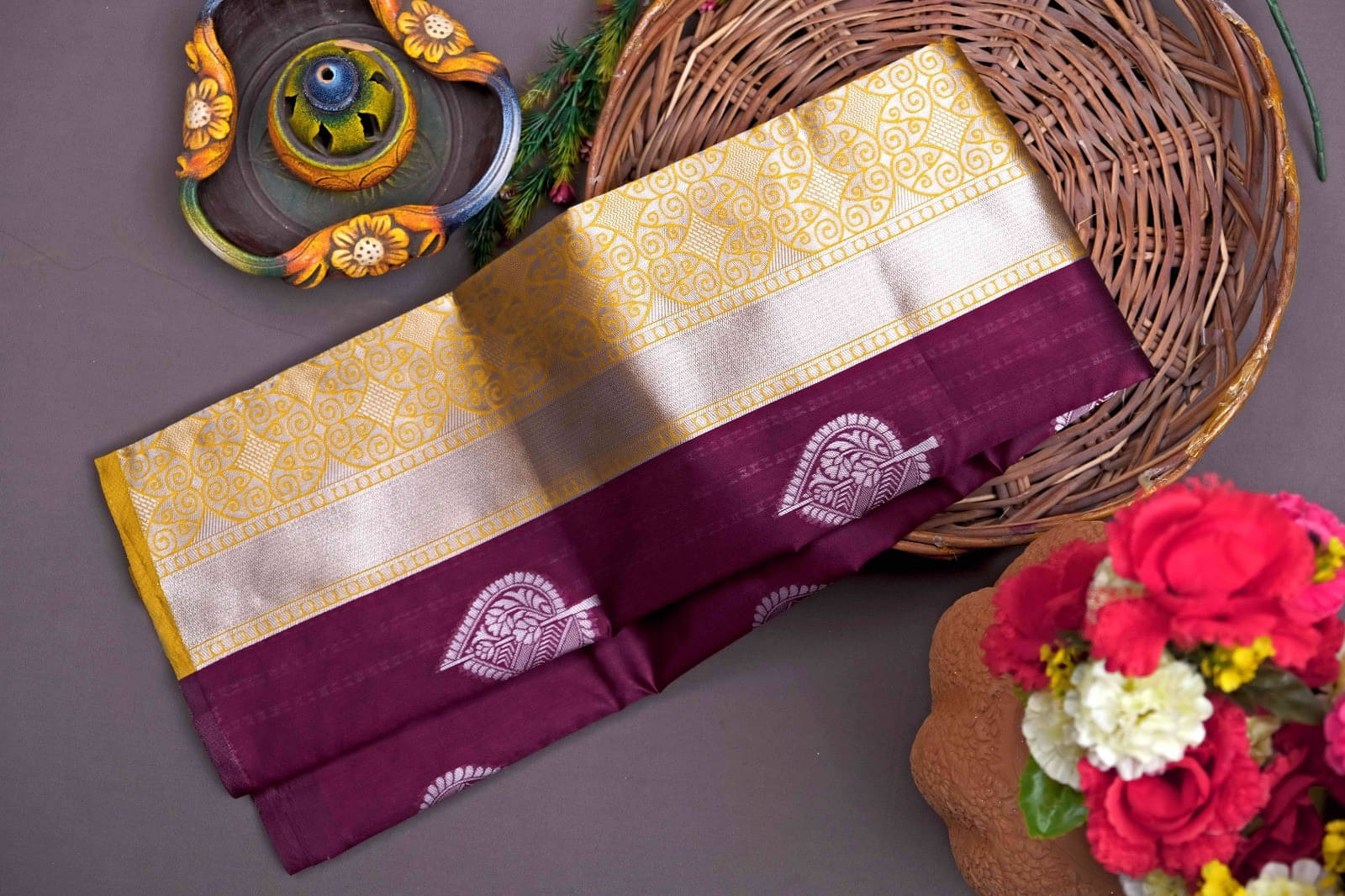     			Bansari Textile Cotton Blend Solid Kanjeevaram Sarees With Unstitched Blouse Piece ( Purple )