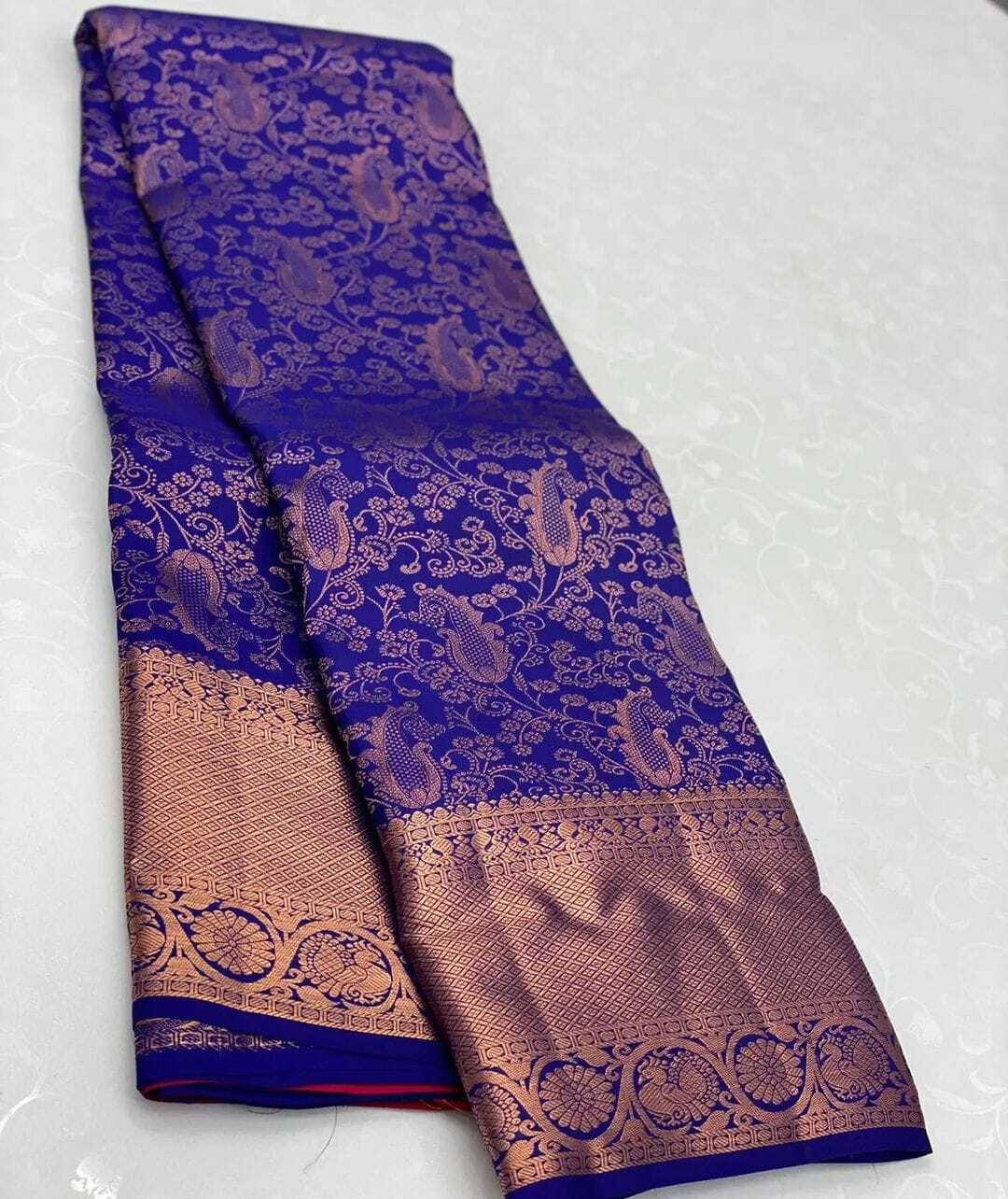     			Bansari Textile Cotton Blend Solid Kanjeevaram Sarees With Unstitched Blouse Piece ( Blue )