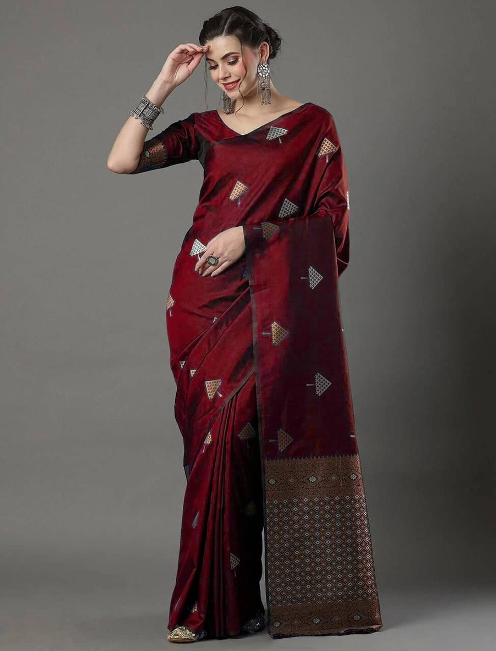 Bansari Textile Cotton Blend Solid Kanjeevaram Sarees With Unstitched Blouse Piece ( Maroon )     			Bansari Textile Cotton Blend Solid Kanjeevaram Sarees With Unstitched Blouse Piece ( Maroon )