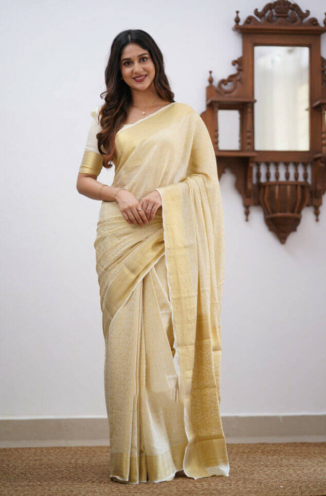 Bansari Textile Cotton Blend Solid Kanjeevaram Sarees With Unstitched Blouse Piece ( Cream ) Bansari Textile Cotton Blend Solid Kanjeevaram Sarees With Unstitched Blouse Piece ( Cream )