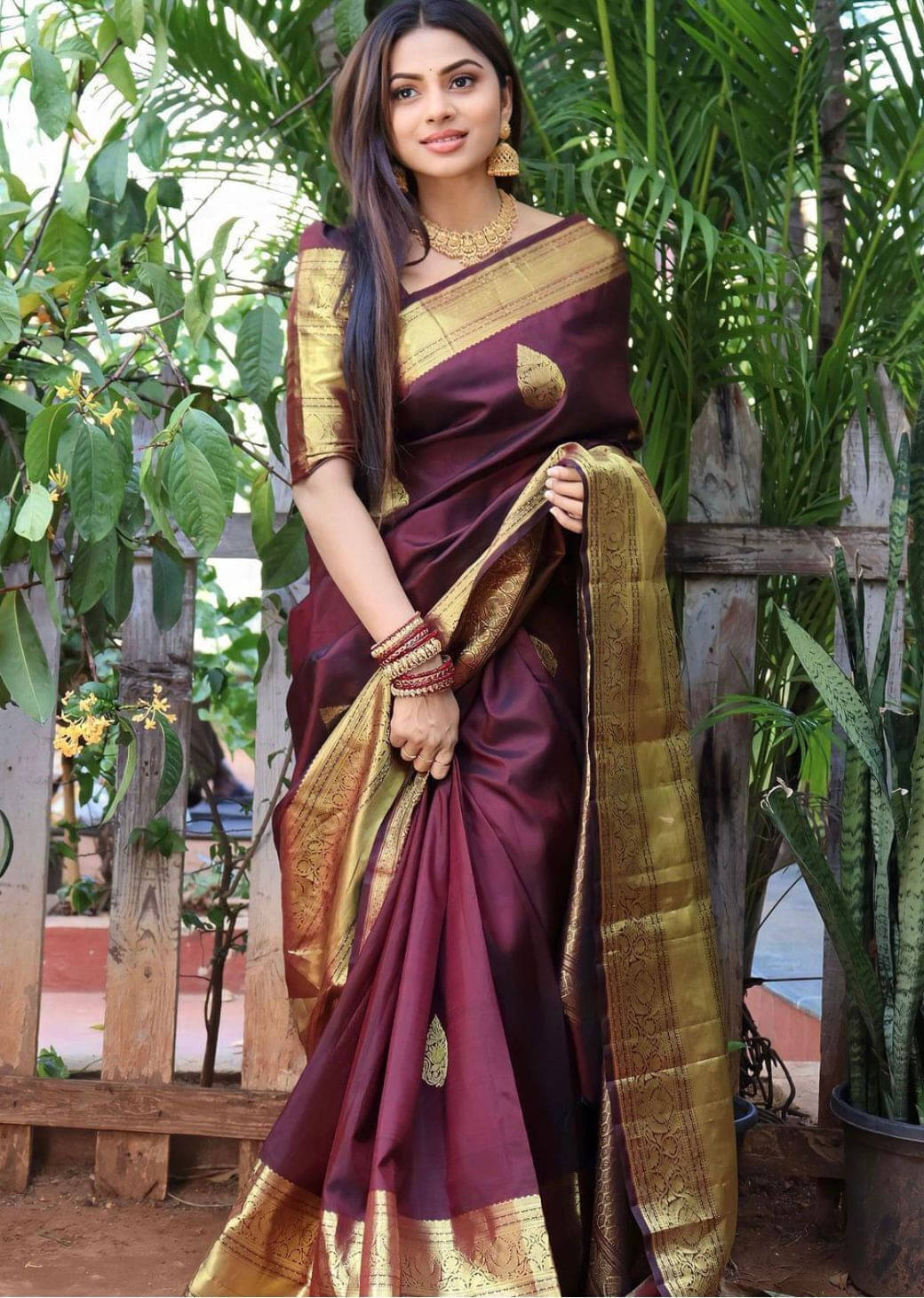     			Bansari Textile Cotton Blend Solid Kanjeevaram Sarees With Unstitched Blouse Piece ( Purple )