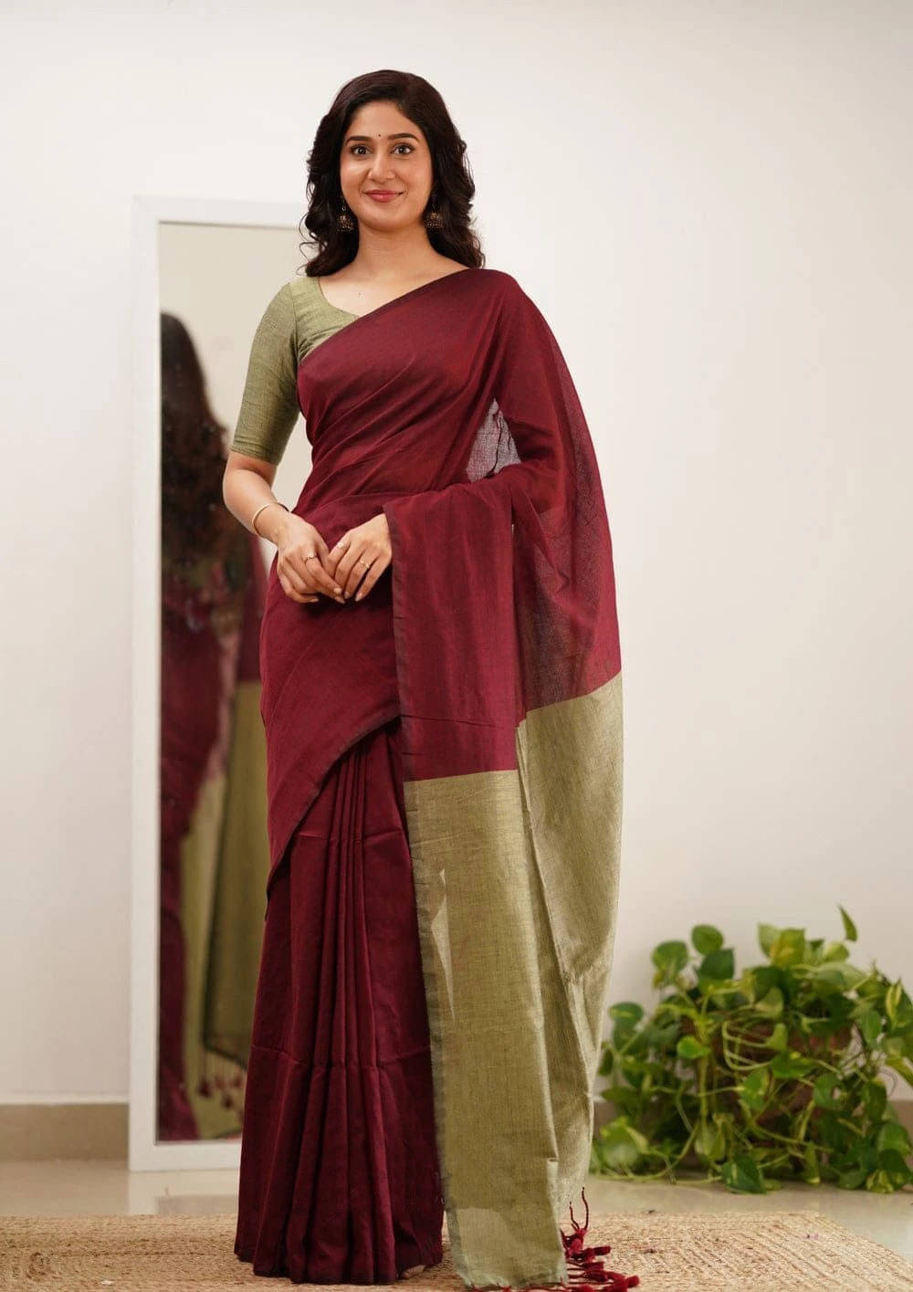     			Bansari Textile Cotton Blend Solid Kanjeevaram Sarees With Unstitched Blouse Piece ( Maroon )