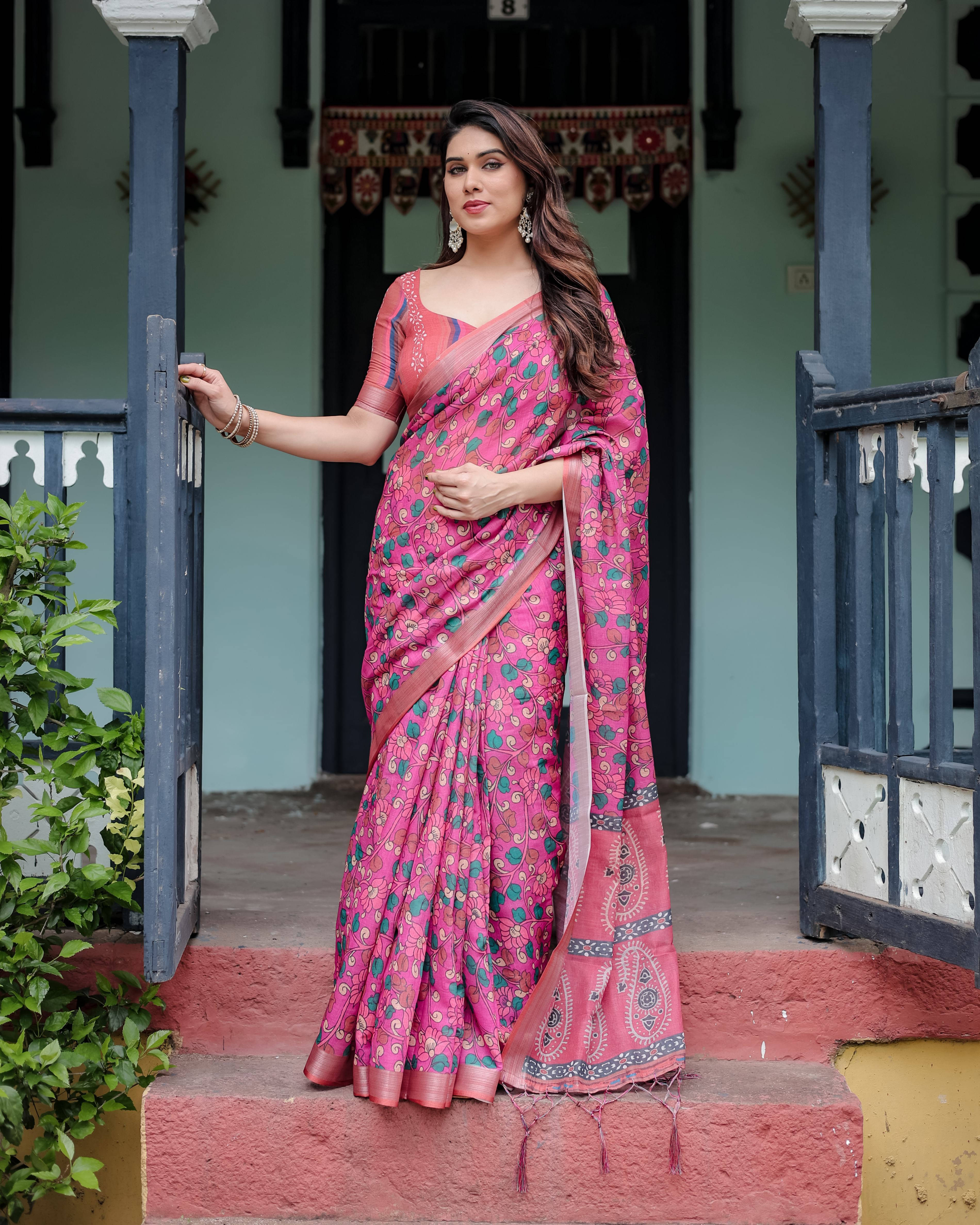     			Bansari Textile Cotton Printed Regular Saree With Unstitched Blouse Piece ( Pink )