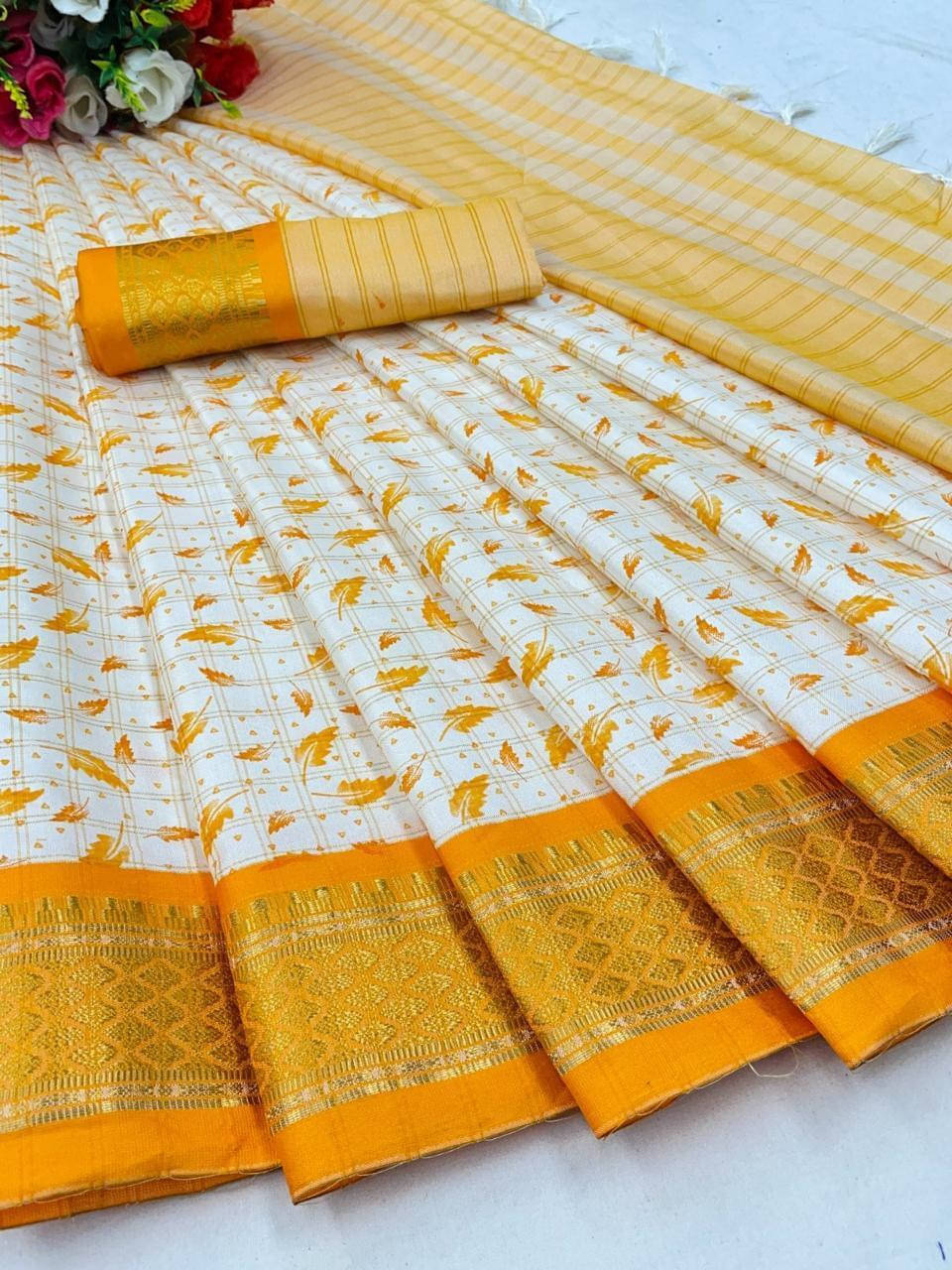     			Bansari Textile Cotton Silk Applique Chettinad Saree With Unstitched Blouse Piece ( Yellow )
