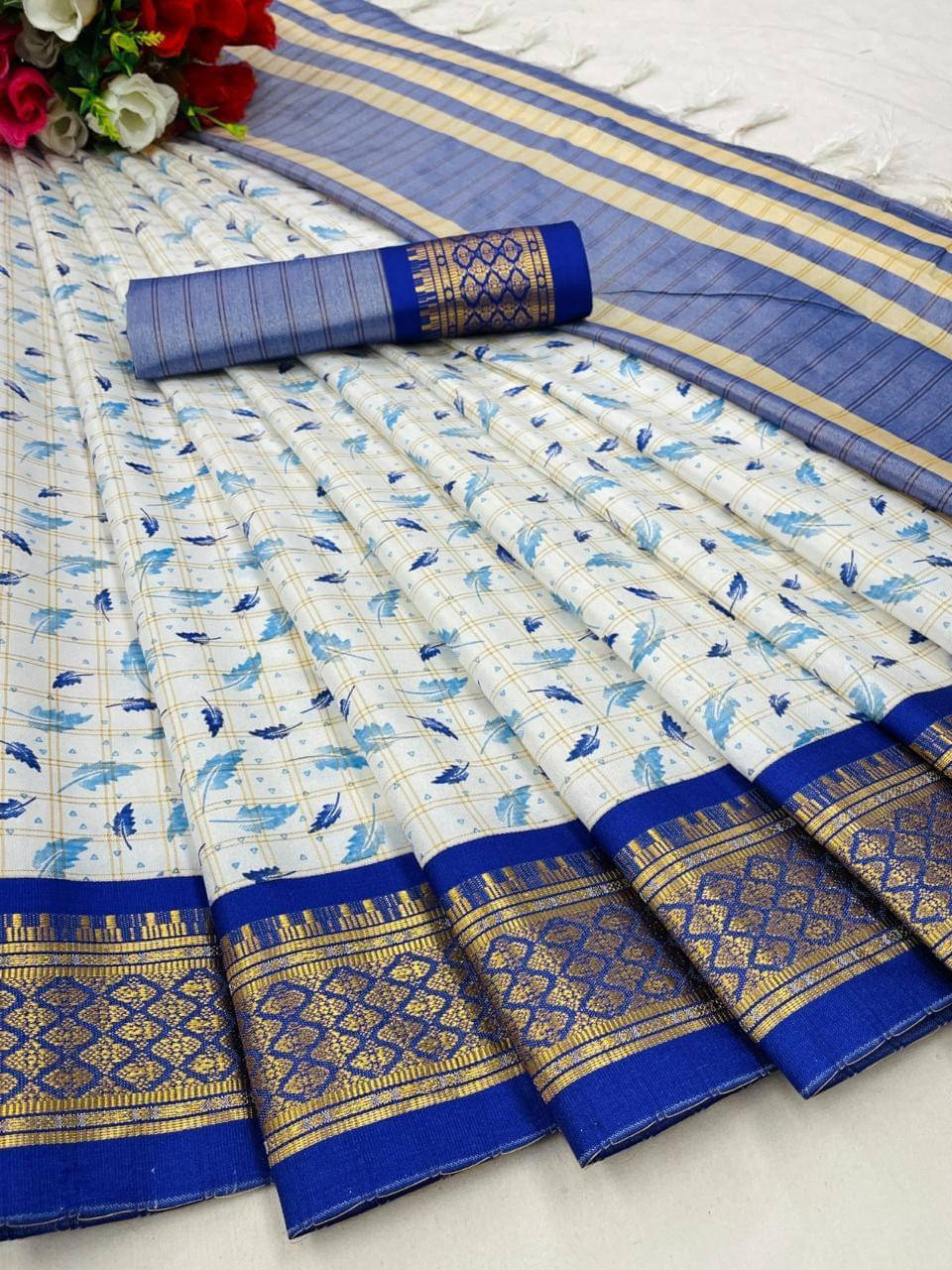 Bansari Textile Cotton Silk Applique Chettinad Saree With Unstitched Blouse Piece ( Blue ) Bansari Textile Cotton Silk Applique Chettinad Saree With Unstitched Blouse Piece ( Blue )