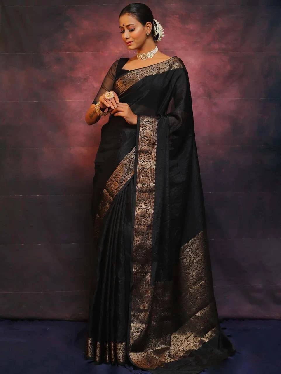 Bansari Textile Cotton Silk Embellished Kanjeevaram Sarees With Unstitched Blouse Piece ( Black ) Bansari Textile Cotton Silk Embellished Kanjeevaram Sarees With Unstitched Blouse Piece ( Black )