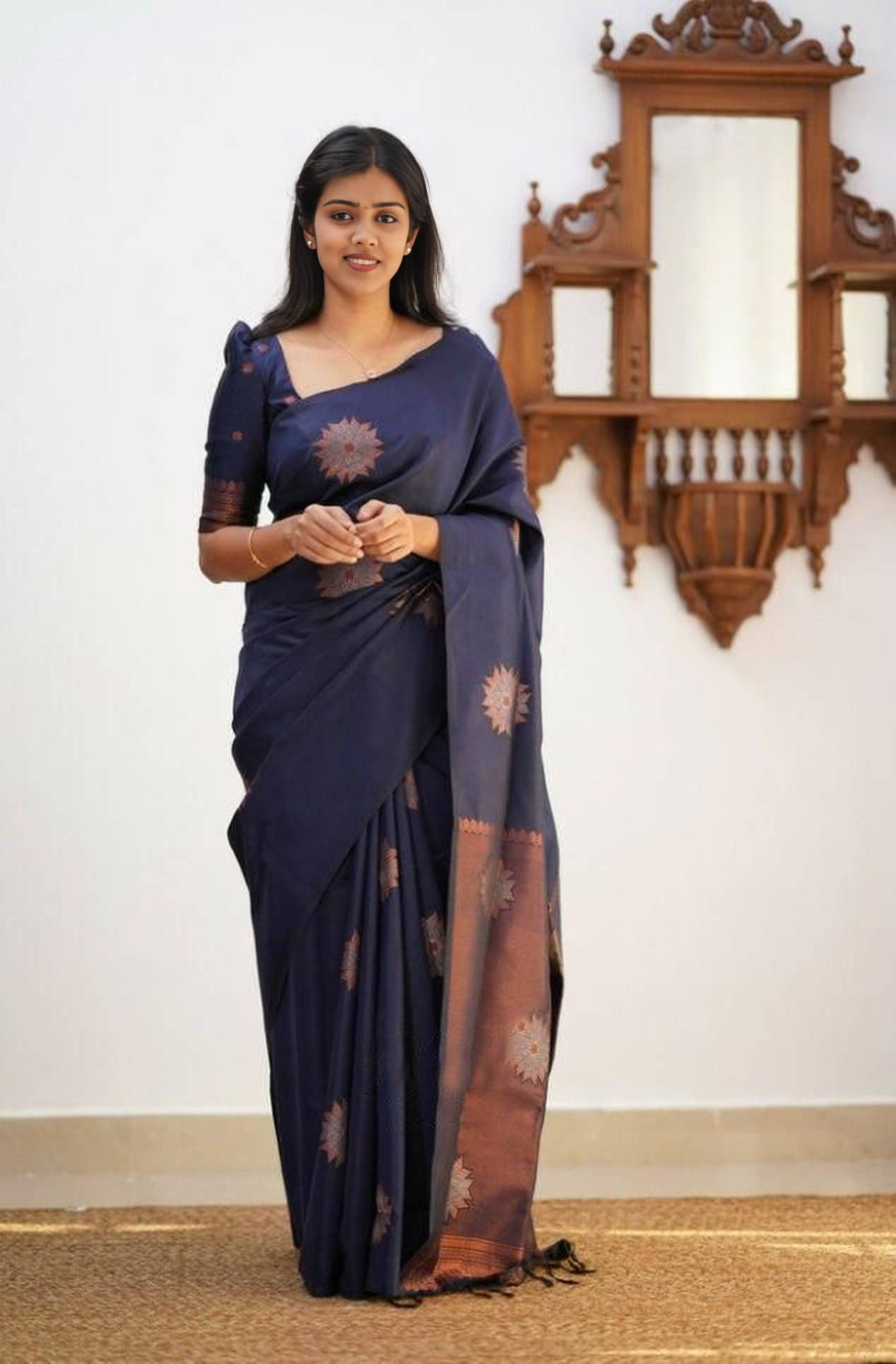 Bansari Textile Cotton Silk Embellished Kanjeevaram Sarees With Unstitched Blouse Piece ( Blue ) Bansari Textile Cotton Silk Embellished Kanjeevaram Sarees With Unstitched Blouse Piece ( Blue )