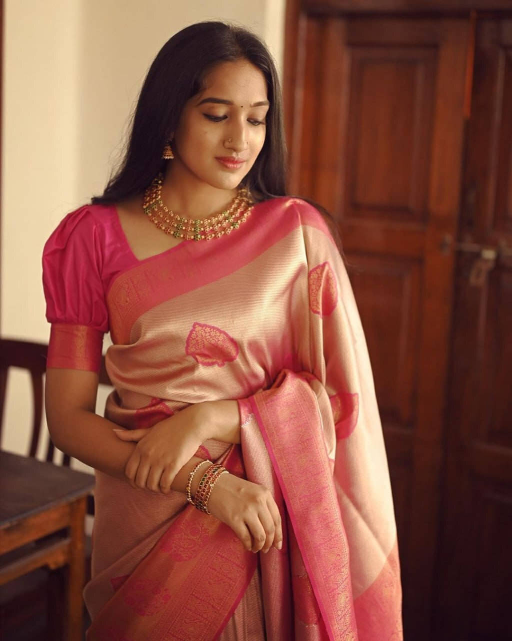 Bansari Textile Cotton Silk Embellished Banarasi saree With Unstitched Blouse Piece ( Pink ) Bansari Textile Cotton Silk Embellished Banarasi saree With Unstitched Blouse Piece ( Pink )