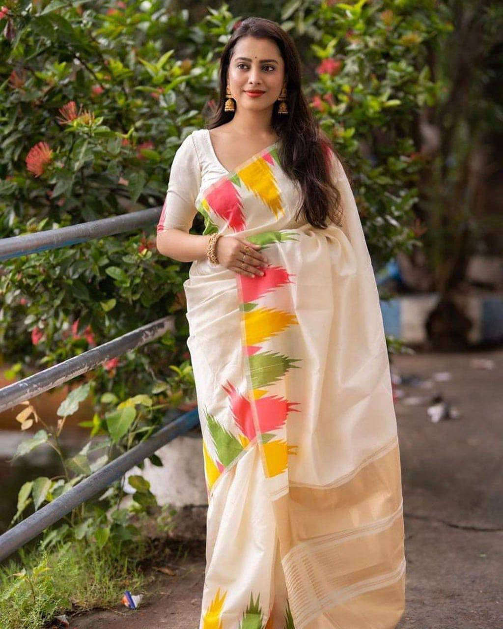     			Bansari Textile Cotton Silk Printed Banarasi saree With Unstitched Blouse Piece ( White )