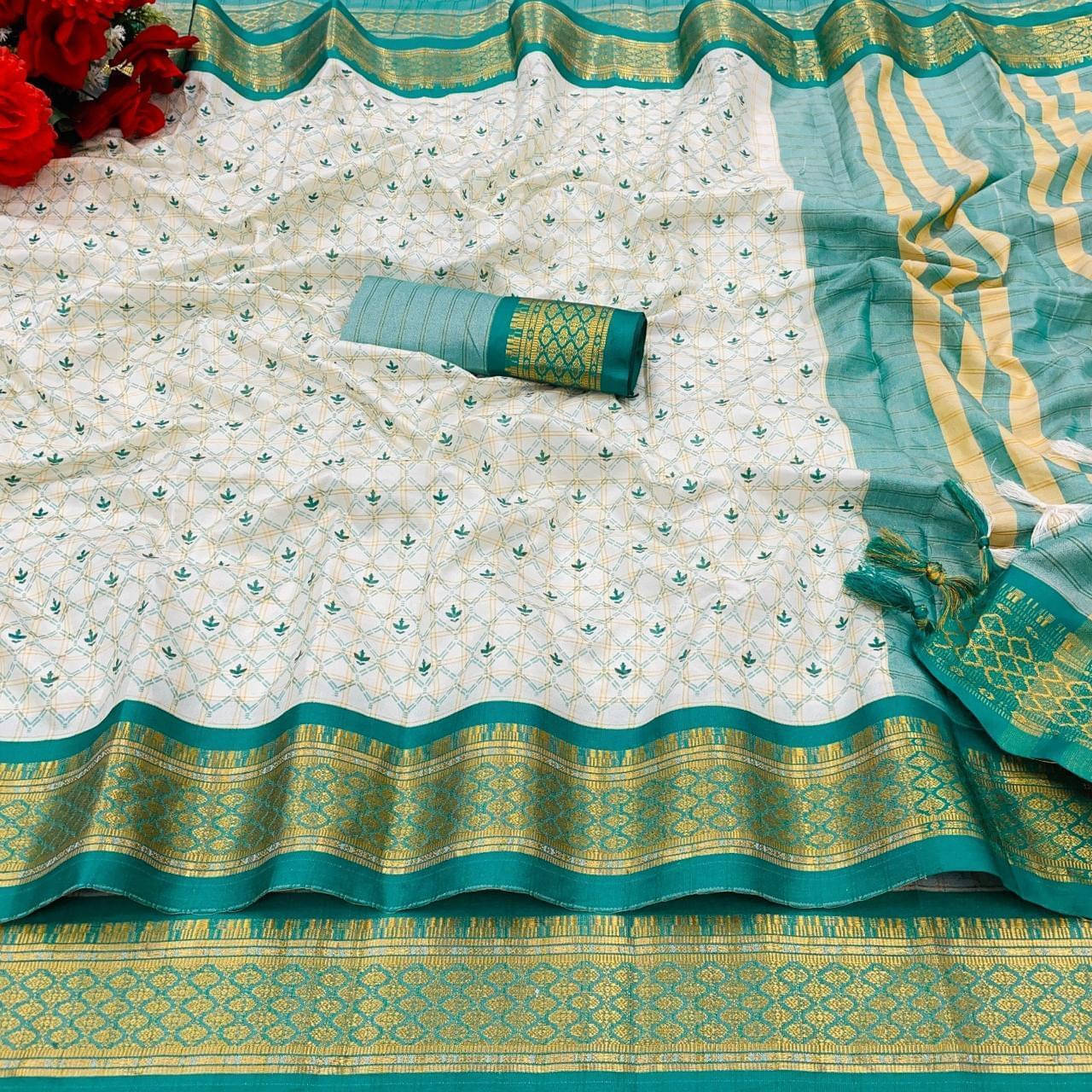     			Bansari Textile Cotton Silk Printed Chettinad Saree With Unstitched Blouse Piece ( Multicolor )