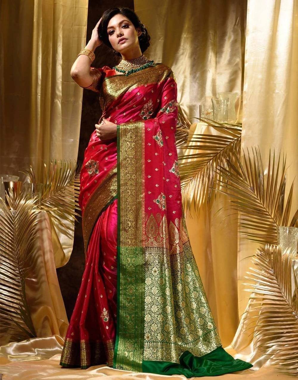 Bansari Textile Cotton Silk Printed Banarasi saree With Unstitched Blouse Piece ( Red ) Bansari Textile Cotton Silk Printed Banarasi saree With Unstitched Blouse Piece ( Red )