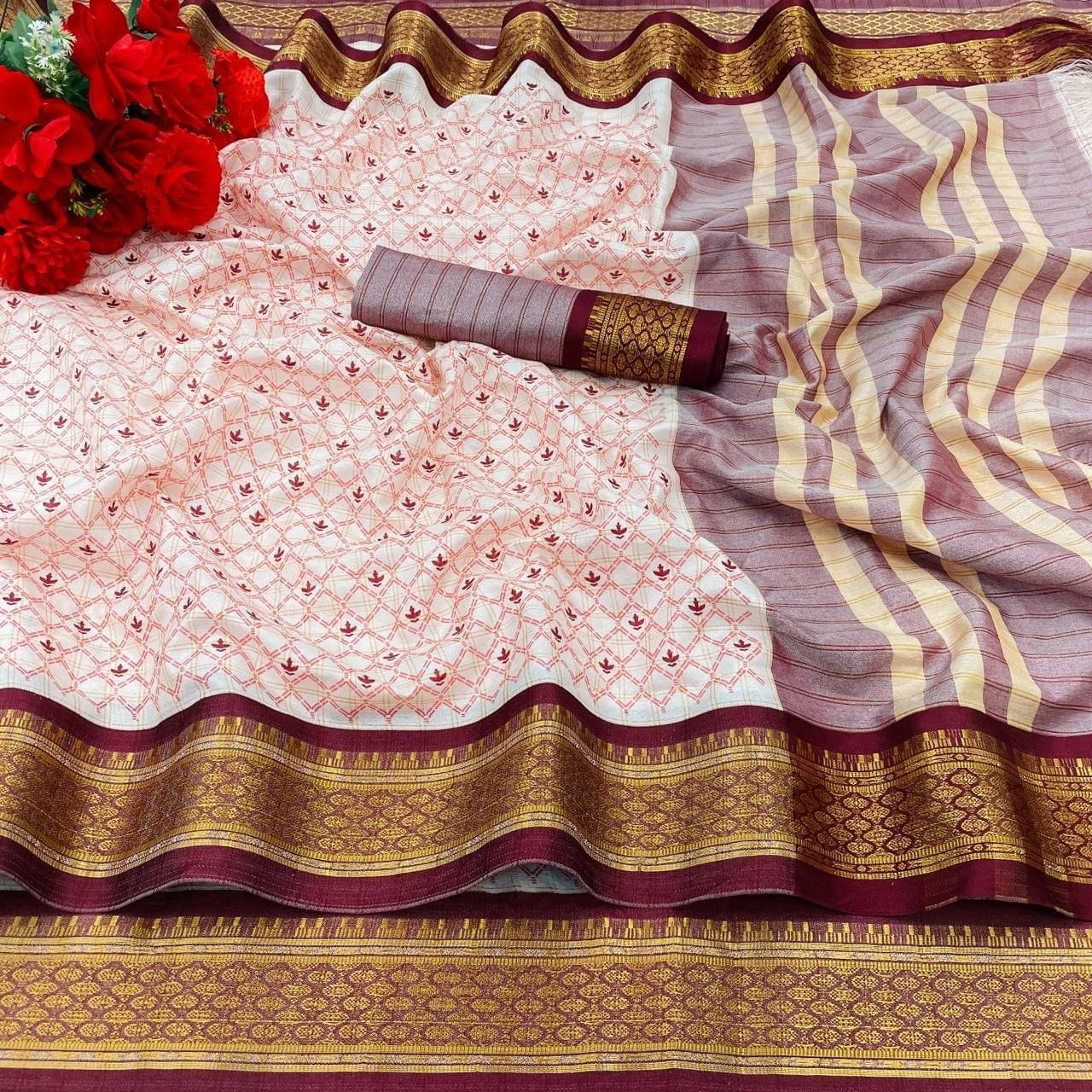 Bansari Textile Cotton Silk Printed Chettinad Saree With Unstitched Blouse Piece ( Maroon ) Bansari Textile Cotton Silk Printed Chettinad Saree With Unstitched Blouse Piece ( Maroon )