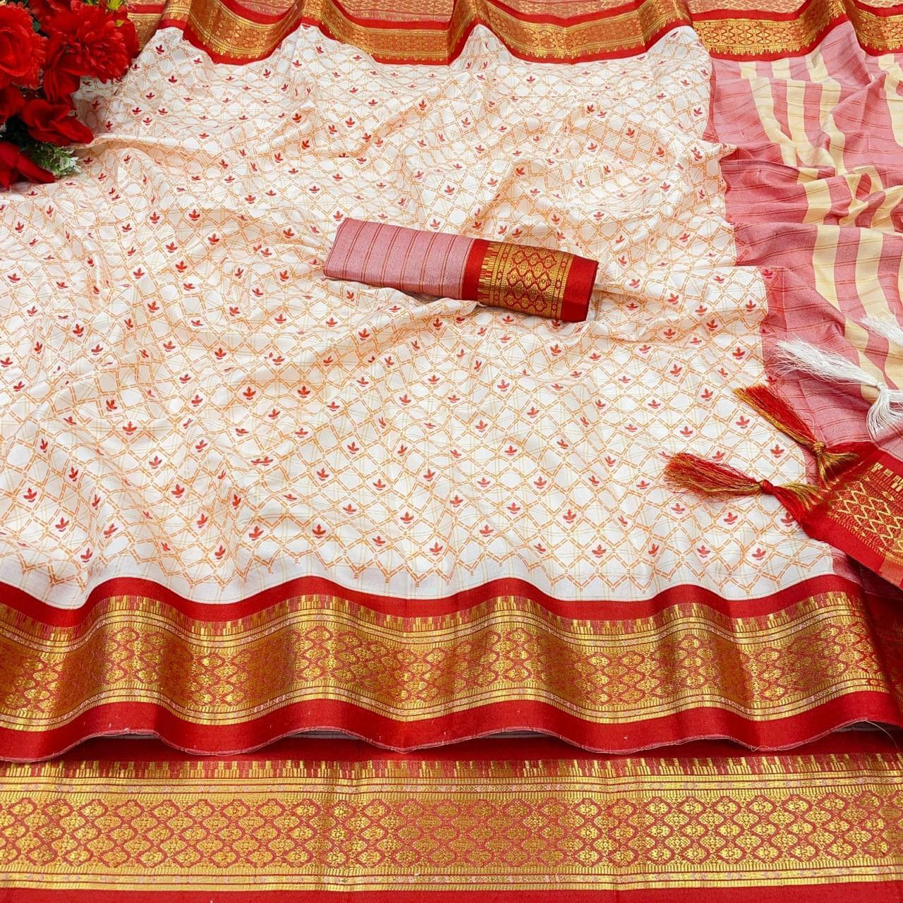     			Bansari Textile Cotton Silk Printed Chettinad Saree With Unstitched Blouse Piece ( Red )
