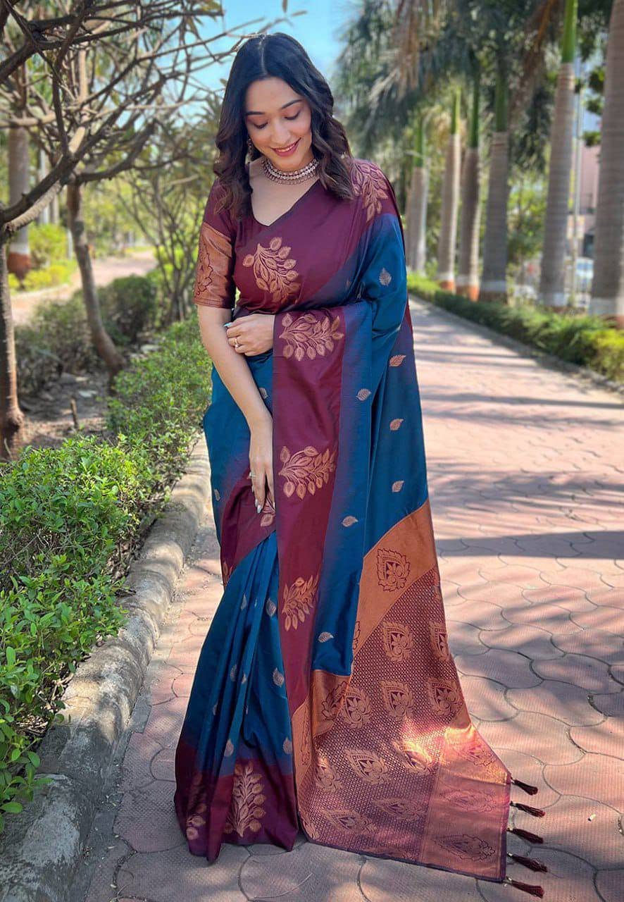     			Bansari Textile Cotton Silk Woven Kanjeevaram Sarees With Unstitched Blouse Piece ( Blue )