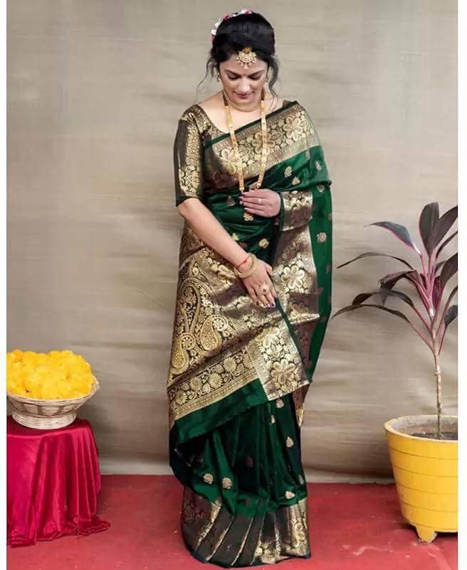     			Bansari Textile Cotton Silk Woven Kanjeevaram Sarees With Unstitched Blouse Piece ( Green )