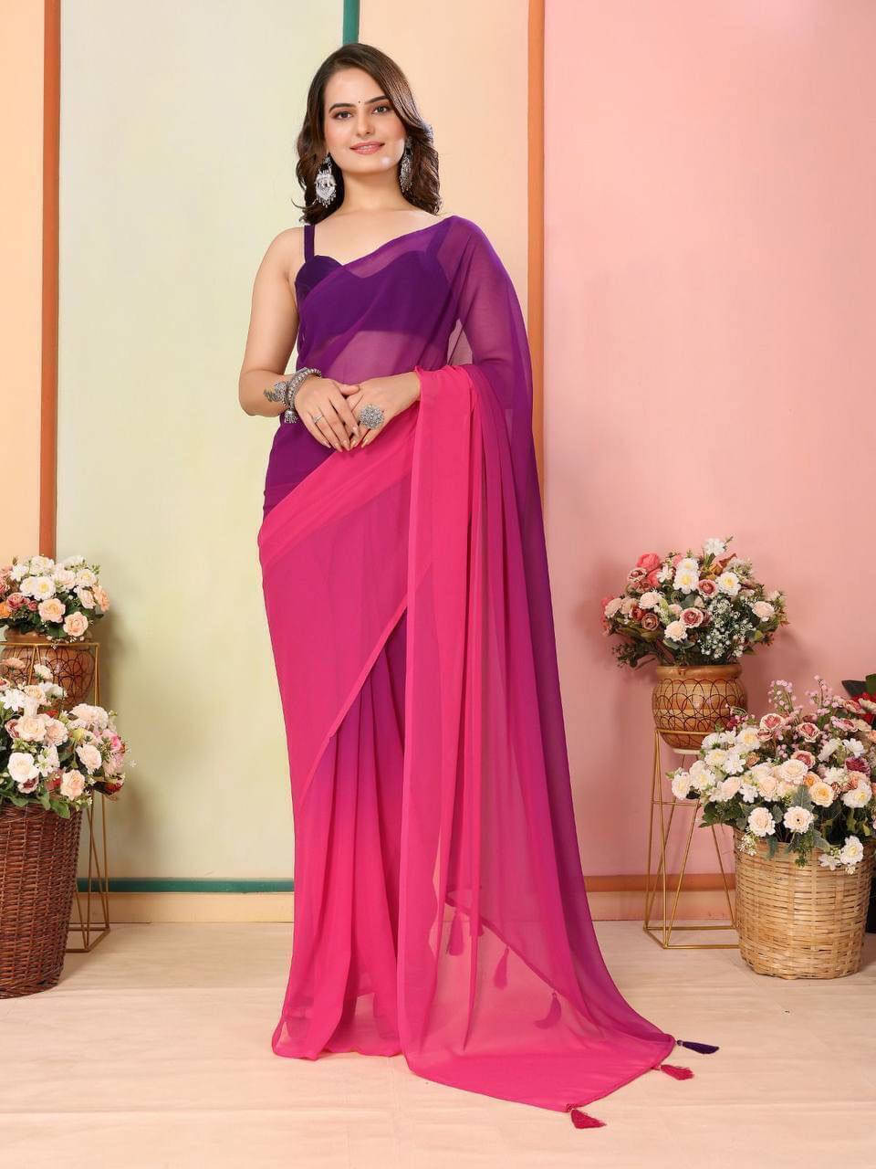 Bansari Textile Georgette Colorblock Regular Saree With Unstitched Blouse Piece ( Purple ) Bansari Textile Georgette Colorblock Regular Saree With Unstitched Blouse Piece ( Purple )
