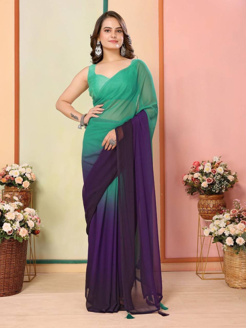     			Bansari Textile Georgette Colorblock Regular Saree With Unstitched Blouse Piece ( Light Green )