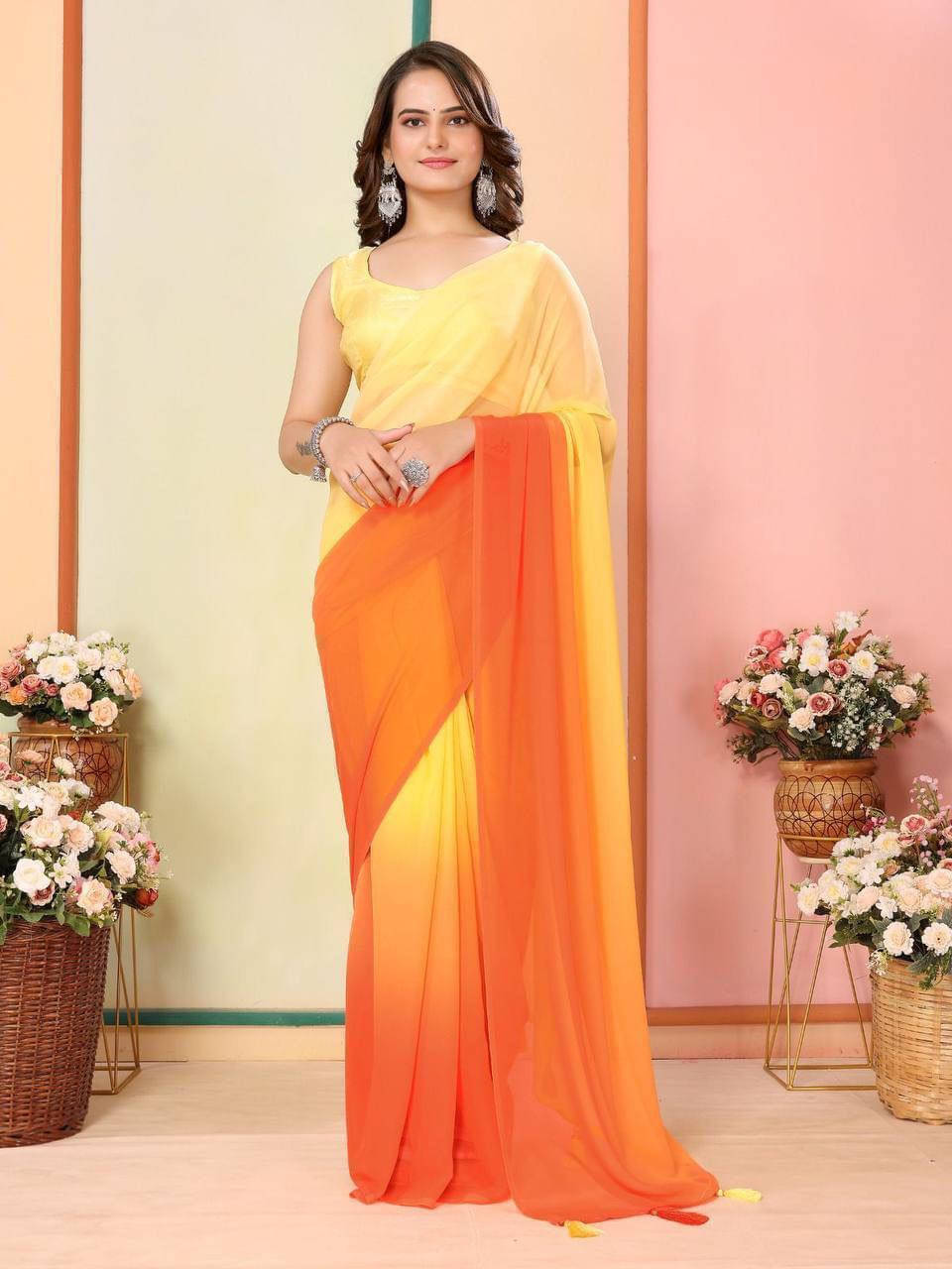     			Bansari Textile Georgette Colorblock Regular Saree With Unstitched Blouse Piece ( Yellow )