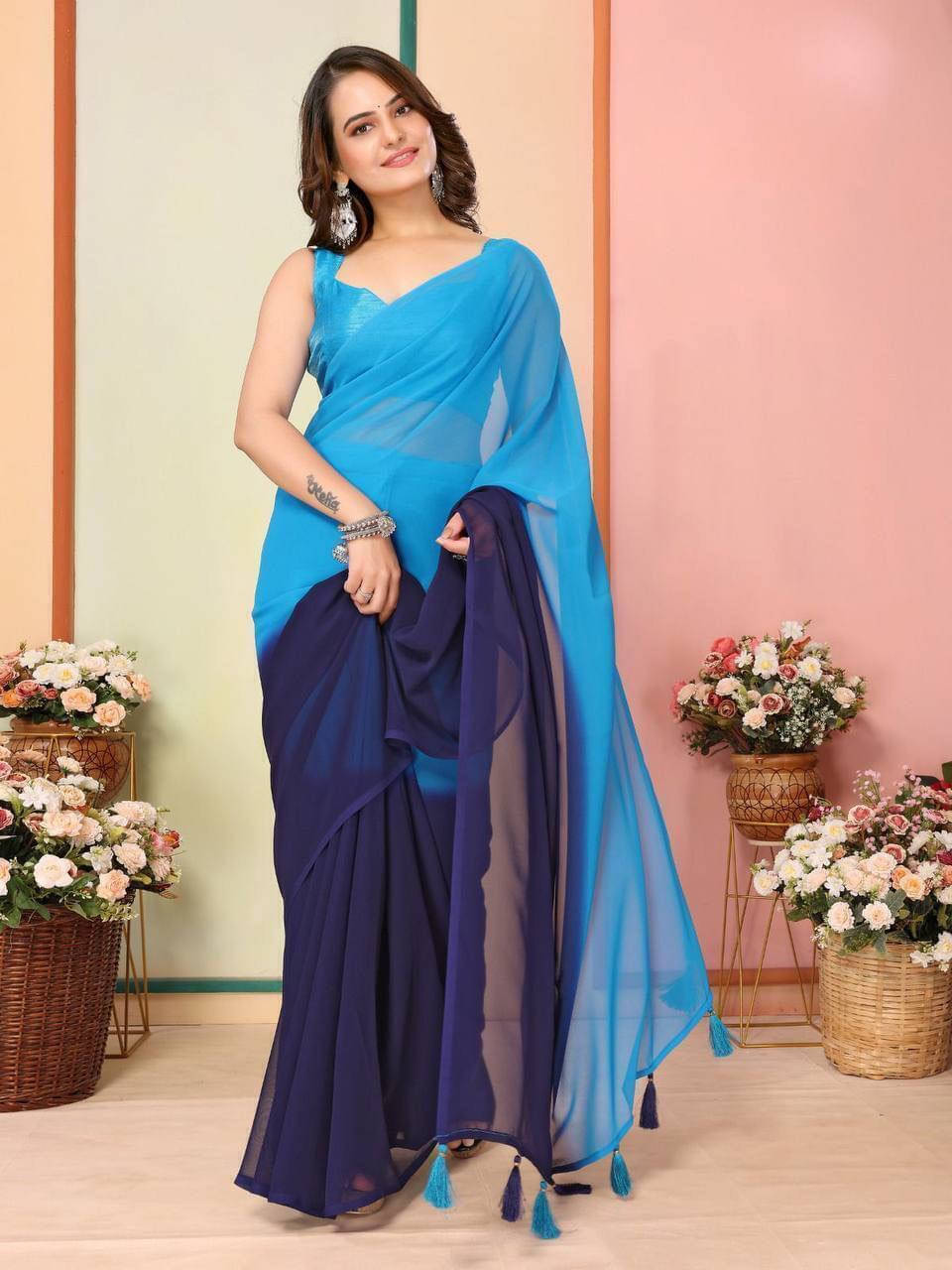     			Bansari Textile Georgette Colorblock Regular Saree With Unstitched Blouse Piece ( Light Blue )