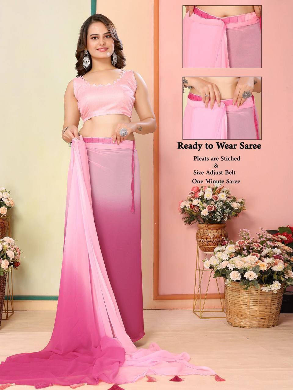 Bansari Textile Georgette Dyed Regular Saree With Unstitched Blouse Piece ( Pink ) Bansari Textile Georgette Dyed Regular Saree With Unstitched Blouse Piece ( Pink )