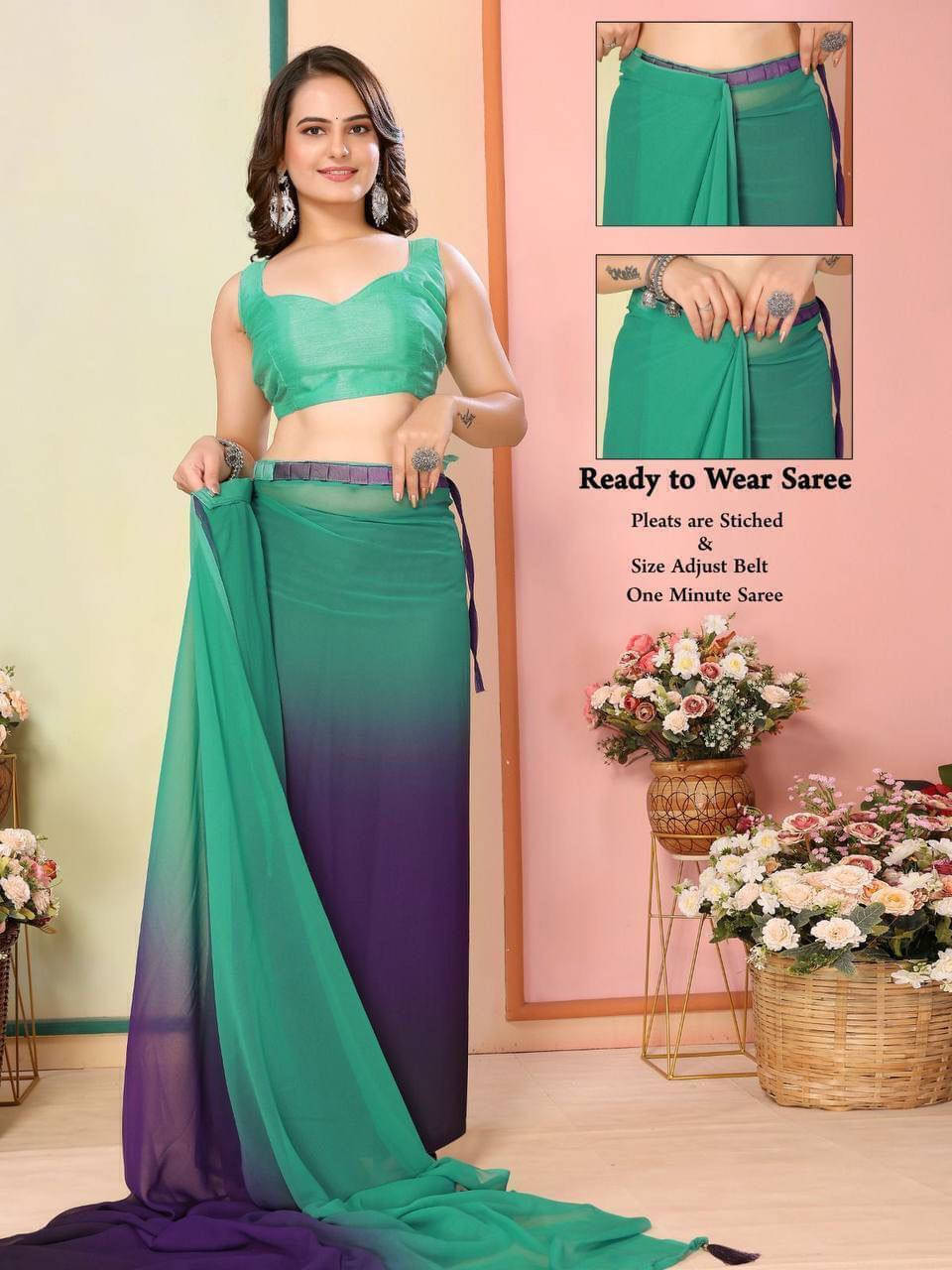     			Bansari Textile Georgette Dyed Regular Saree With Unstitched Blouse Piece ( Light Green )