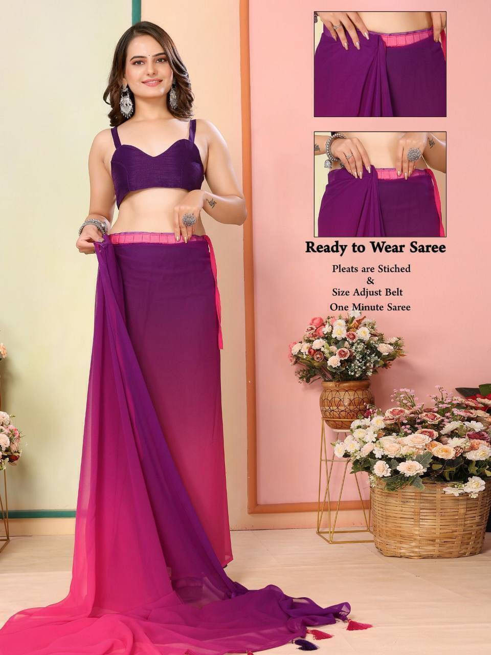     			Bansari Textile Georgette Dyed Regular Saree With Unstitched Blouse Piece ( Purple )