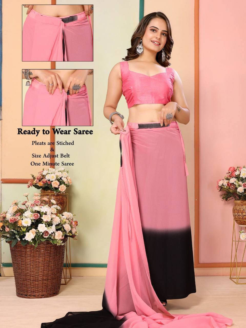     			Bansari Textile Georgette Dyed Regular Saree With Unstitched Blouse Piece ( Pink )