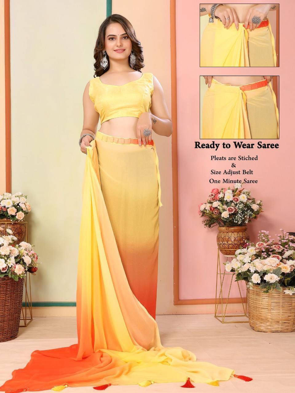     			Bansari Textile Georgette Dyed Regular Saree With Unstitched Blouse Piece ( Yellow )