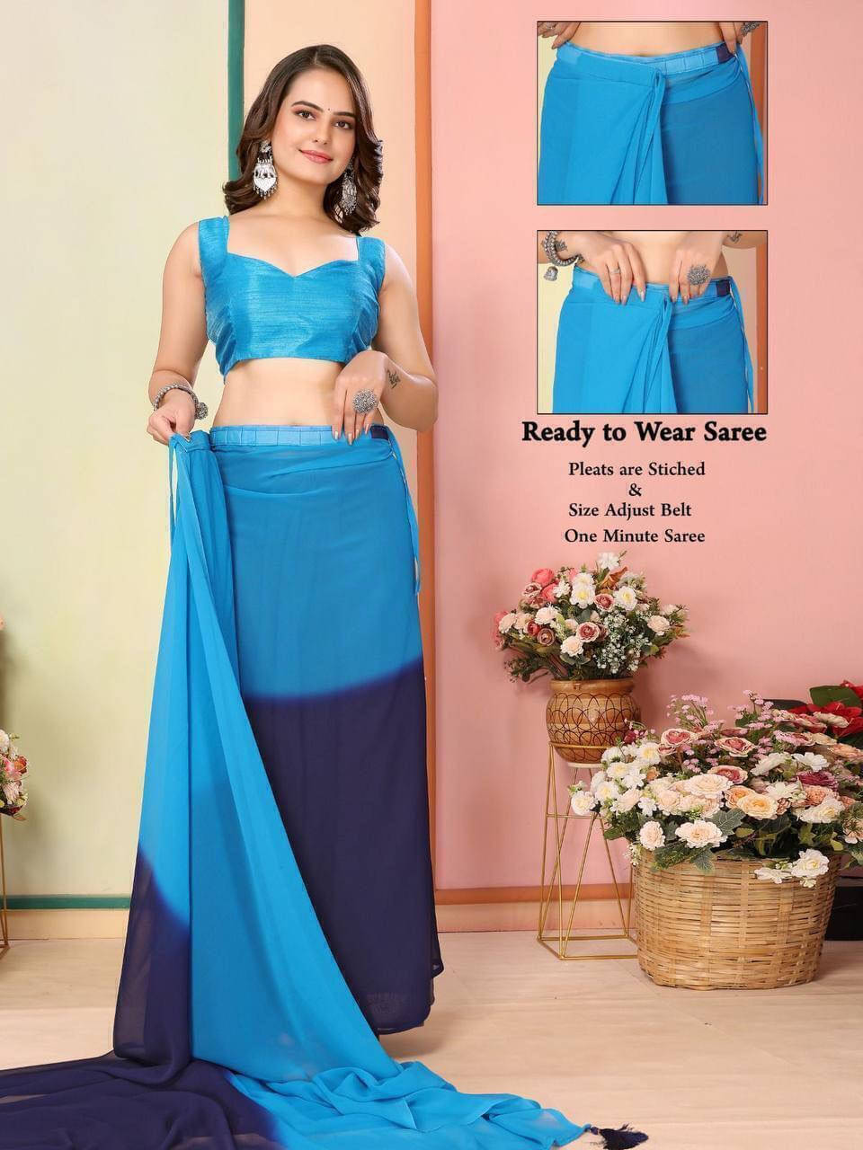     			Bansari Textile Georgette Dyed Regular Saree With Unstitched Blouse Piece ( Light Blue )