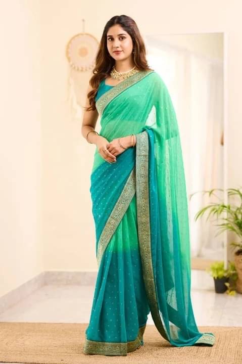     			Bansari Textile Georgette Embellished Banarasi saree With Unstitched Blouse Piece ( Light Green )