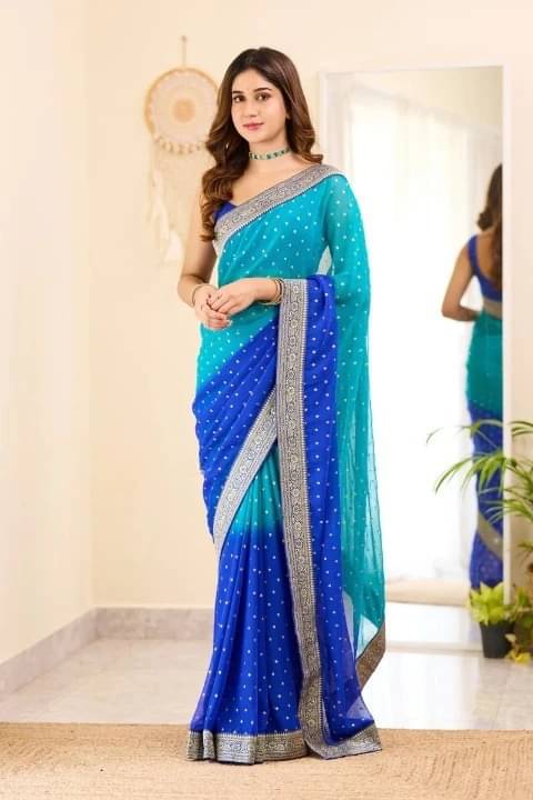Bansari Textile Georgette Embellished Banarasi saree With Unstitched Blouse Piece ( Light Blue ) Bansari Textile Georgette Embellished Banarasi saree With Unstitched Blouse Piece ( Light Blue )
