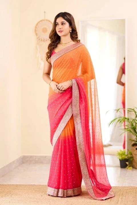     			Bansari Textile Georgette Embellished Banarasi saree With Unstitched Blouse Piece ( Orange )