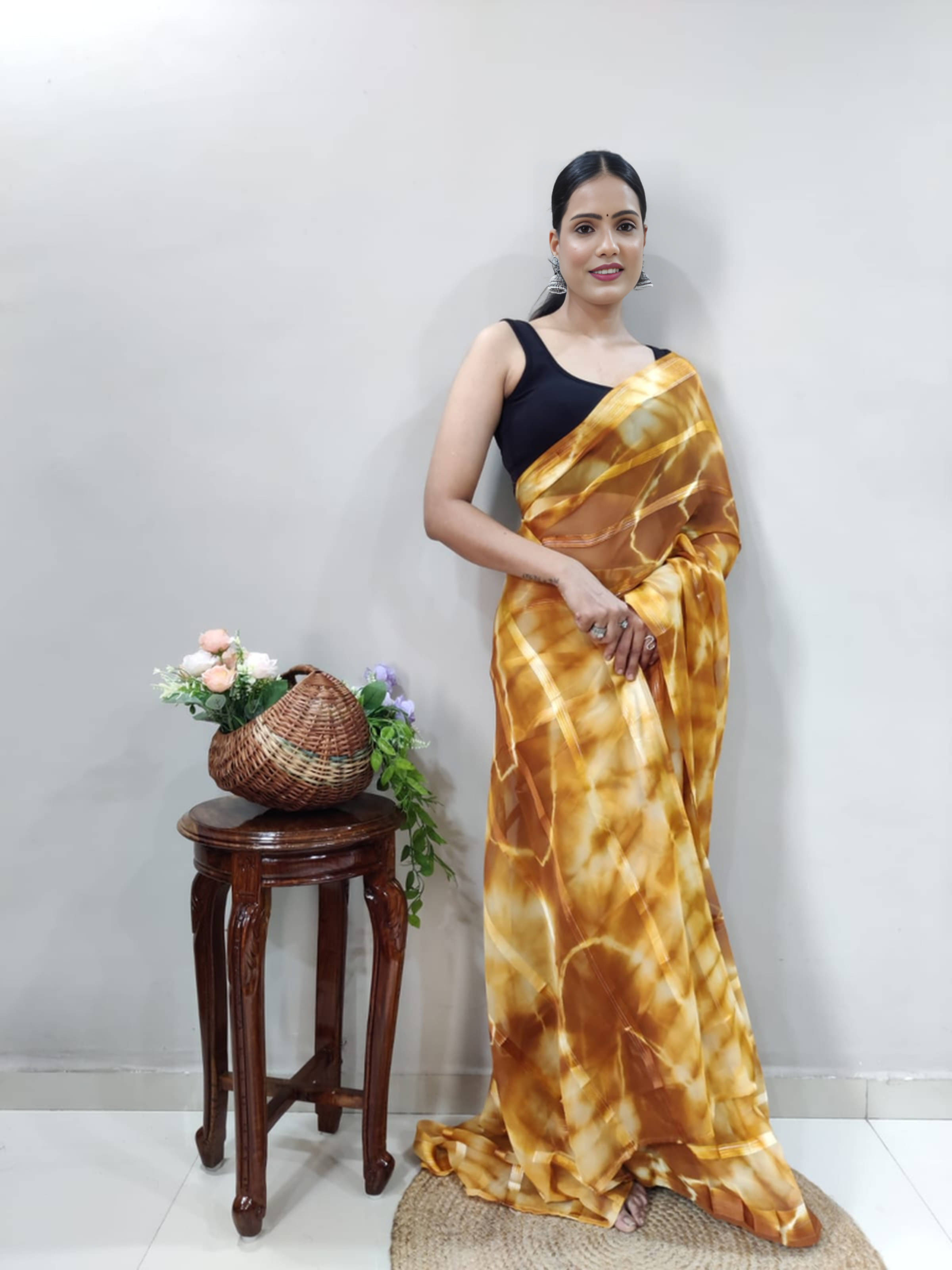     			Bansari Textile Georgette Printed Regular Saree With Unstitched Blouse Piece ( Yellow )