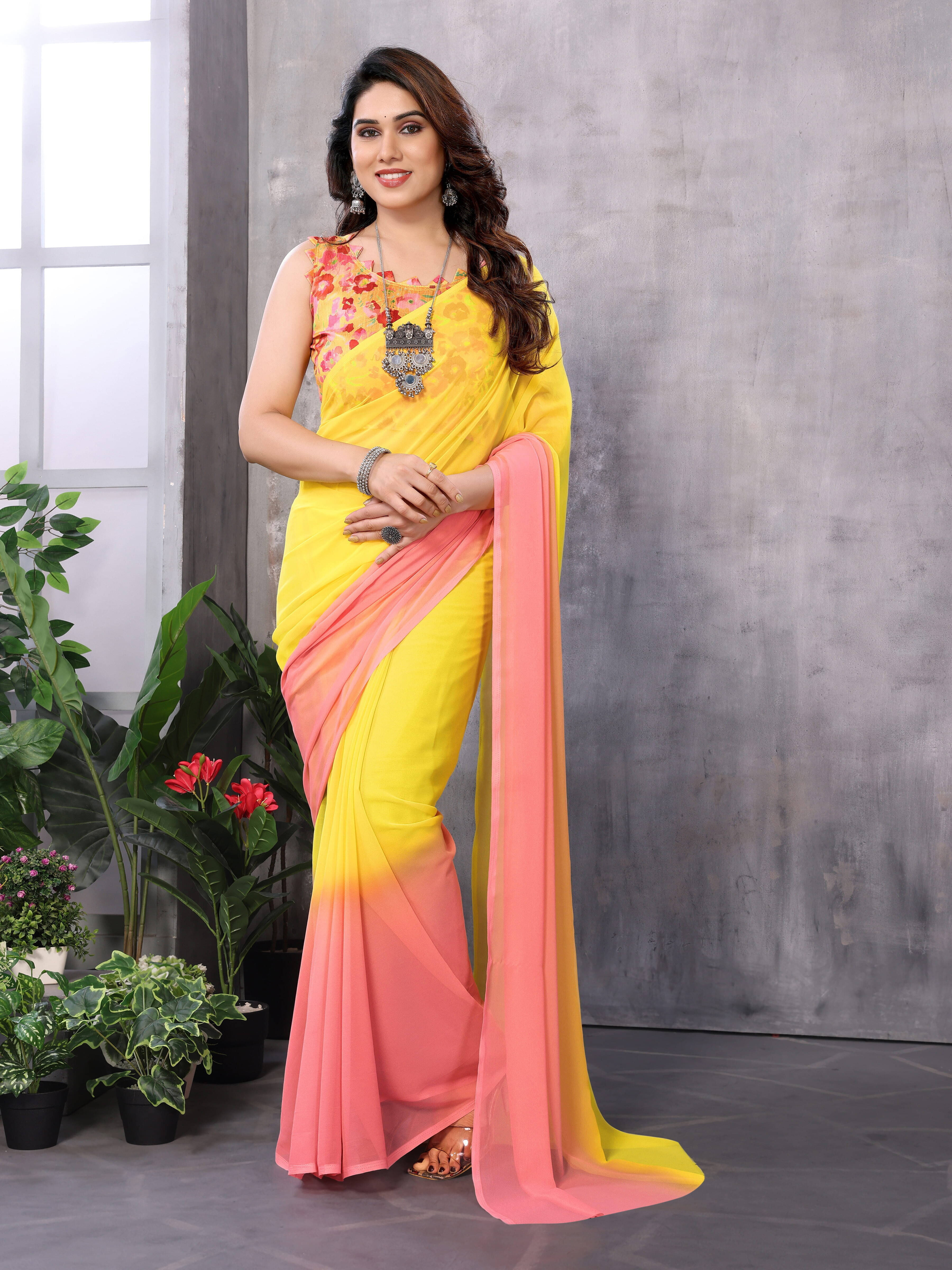     			Bansari Textile Georgette Printed Regular Saree With Unstitched Blouse Piece ( Pink )