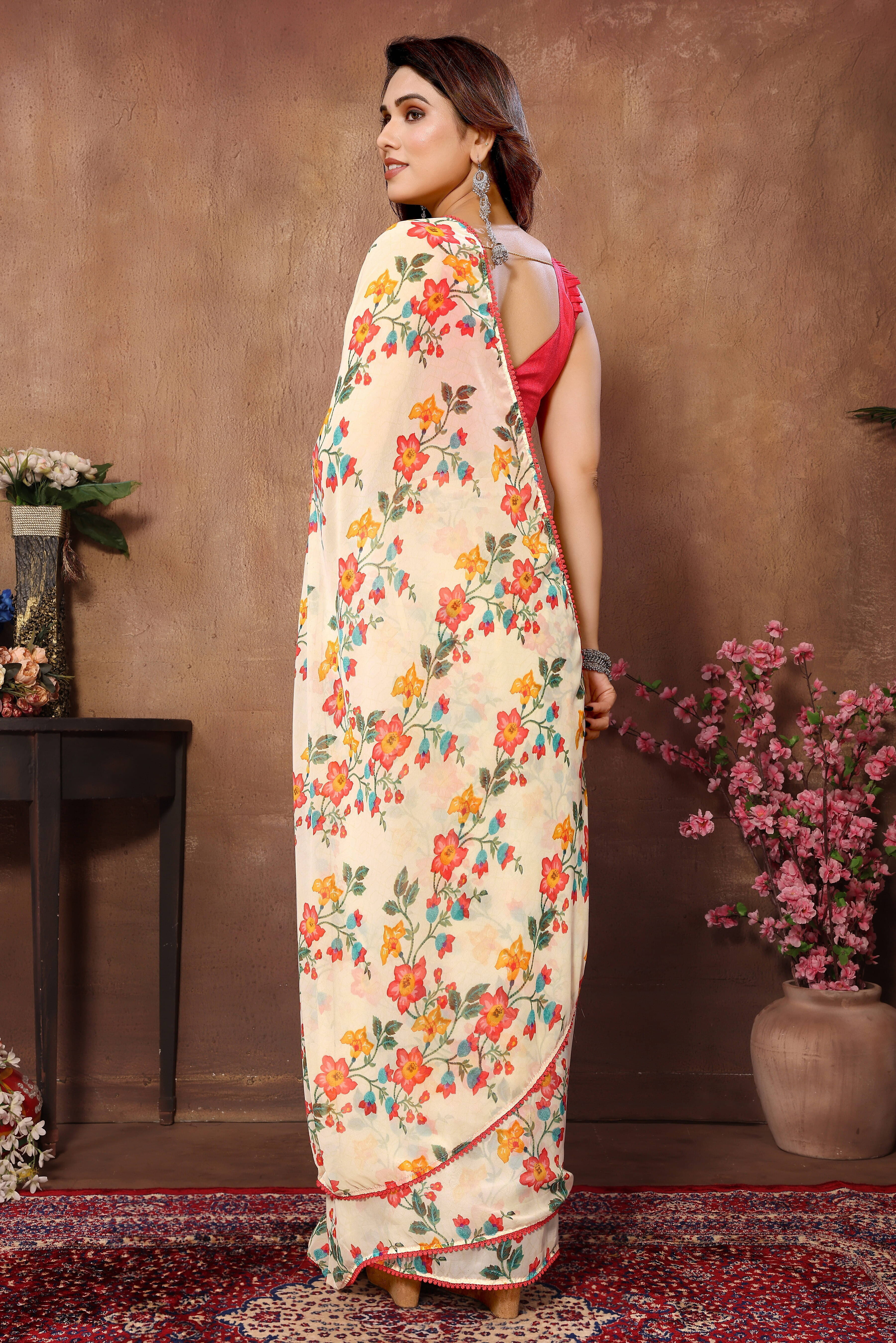     			Bansari Textile Georgette Printed Regular Saree With Unstitched Blouse Piece ( Multicolor )