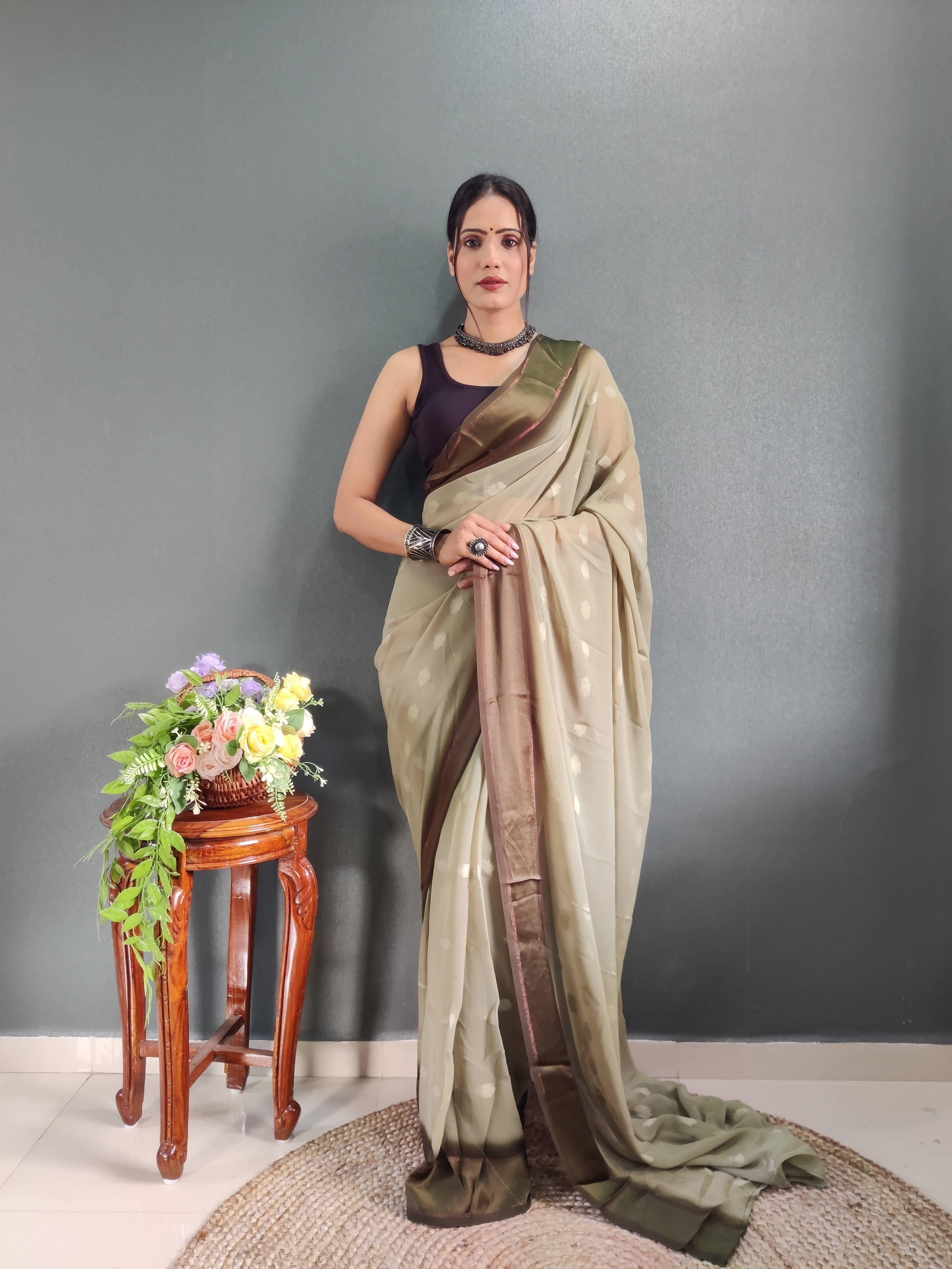 Bansari Textile Georgette Self Design Regular Saree With Unstitched Blouse Piece ( Beige ) Bansari Textile Georgette Self Design Regular Saree With Unstitched Blouse Piece ( Beige )