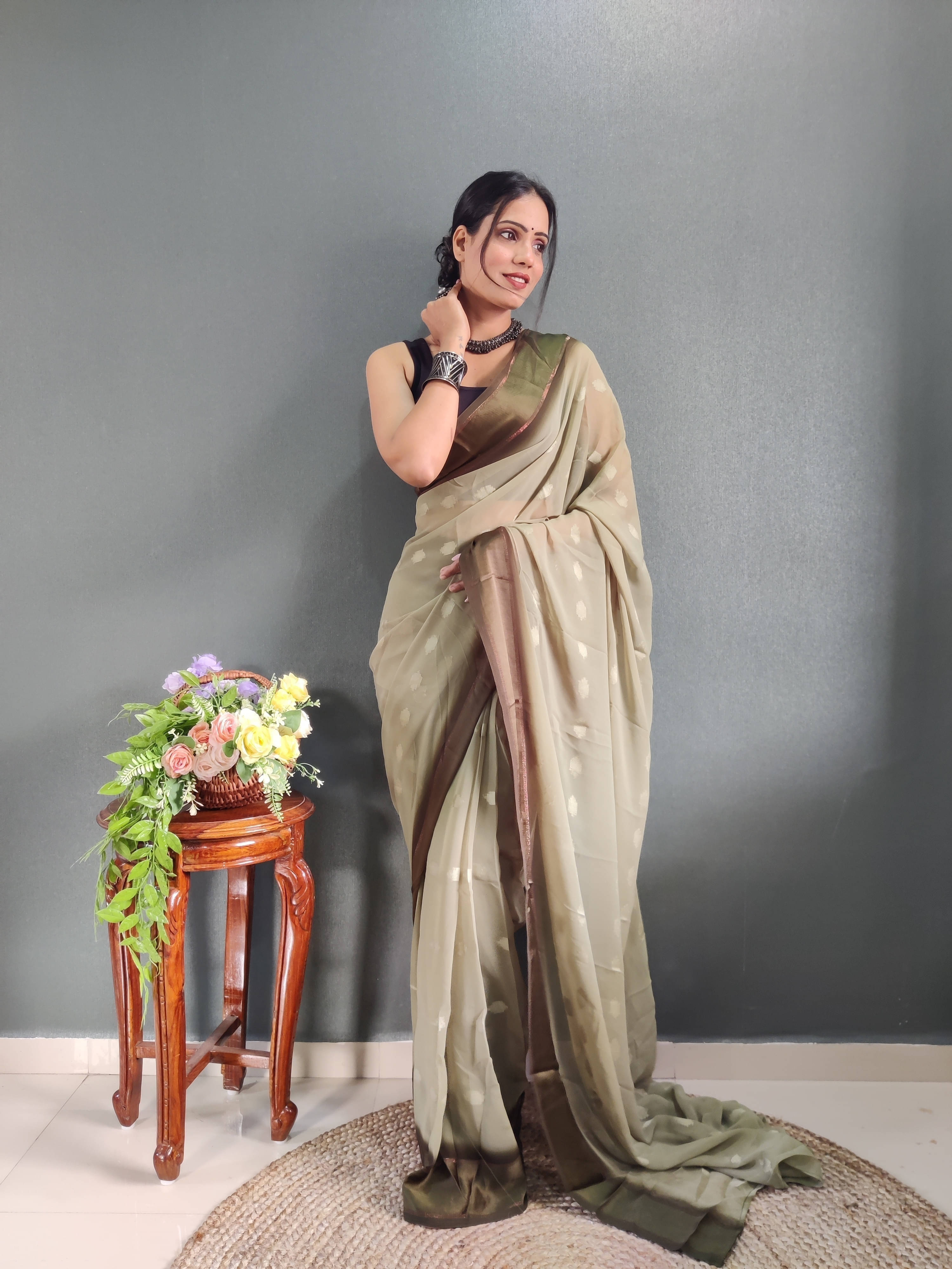     			Bansari Textile Georgette Self Design Regular Saree With Unstitched Blouse Piece ( Beige )