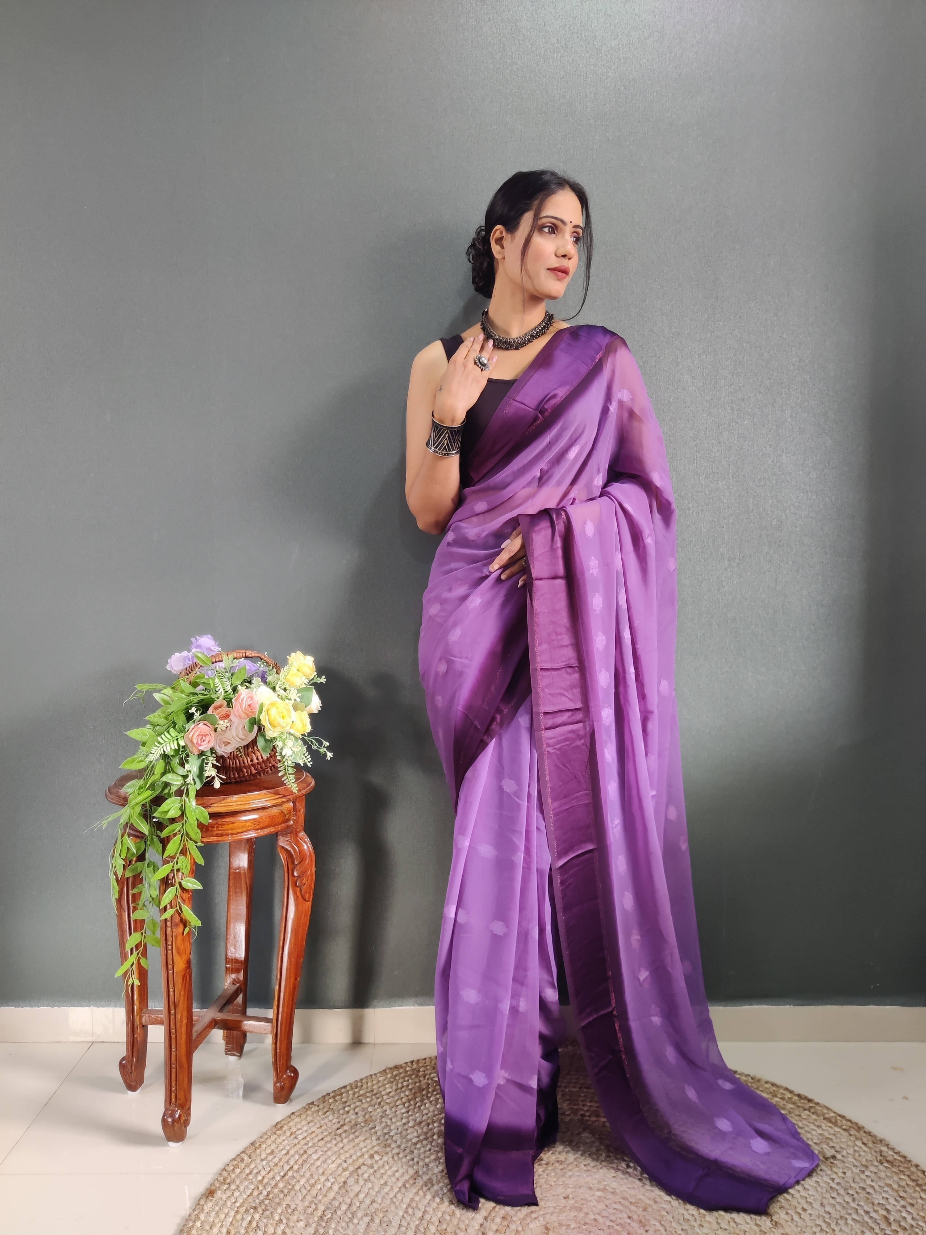     			Bansari Textile Georgette Self Design Regular Saree With Unstitched Blouse Piece ( Purple )