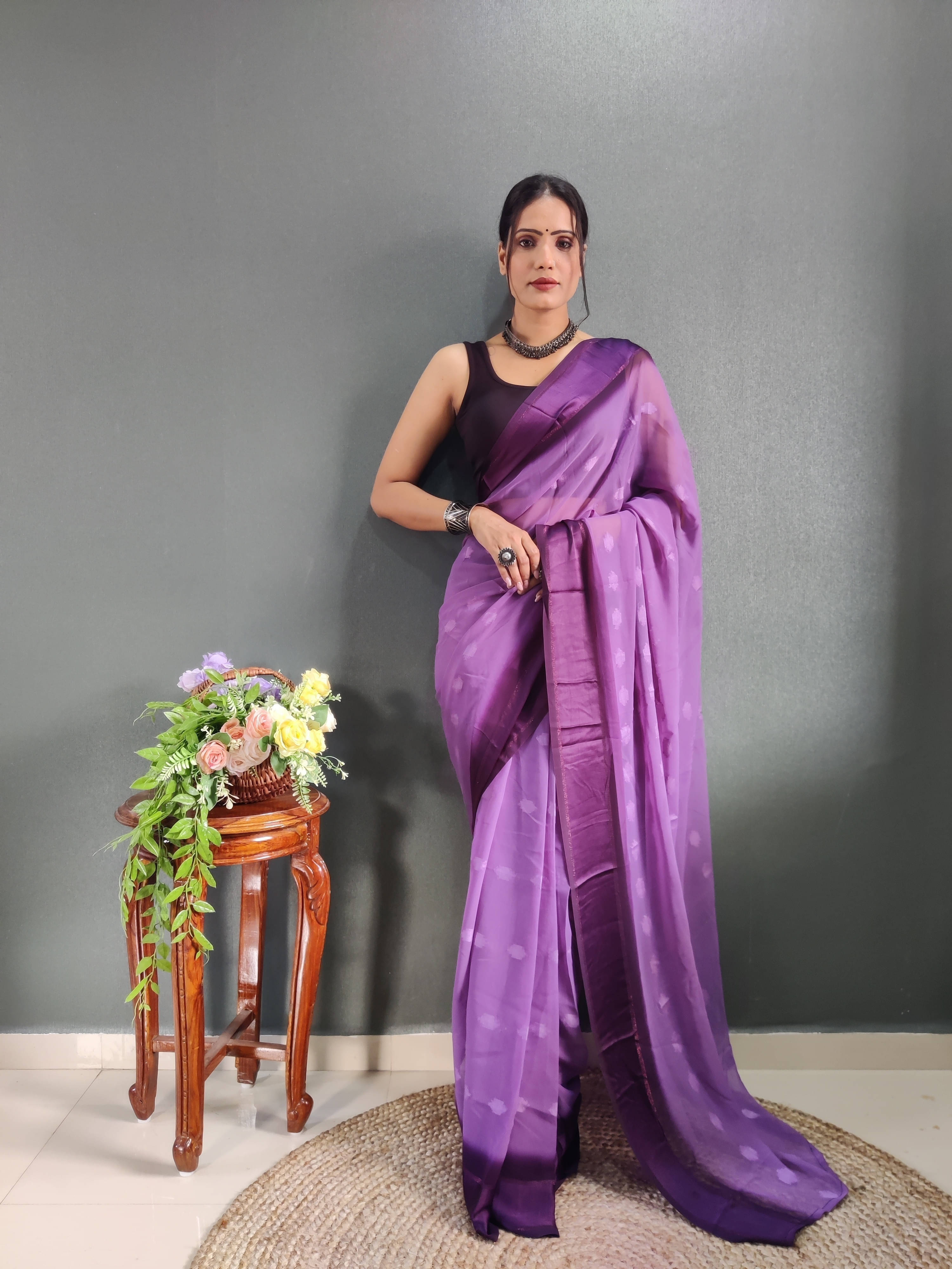     			Bansari Textile Georgette Self Design Regular Saree With Unstitched Blouse Piece ( Purple )