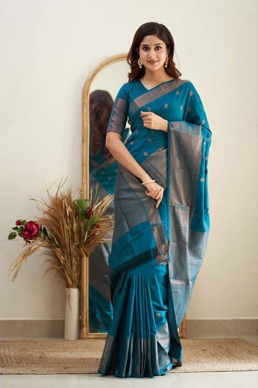     			Bansari Textile Jacquard Embroidered Regular Saree With Unstitched Blouse Piece ( Light Blue )