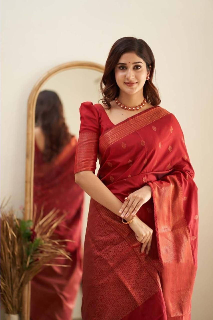     			Bansari Textile Jacquard Embroidered Regular Saree With Unstitched Blouse Piece ( Red )