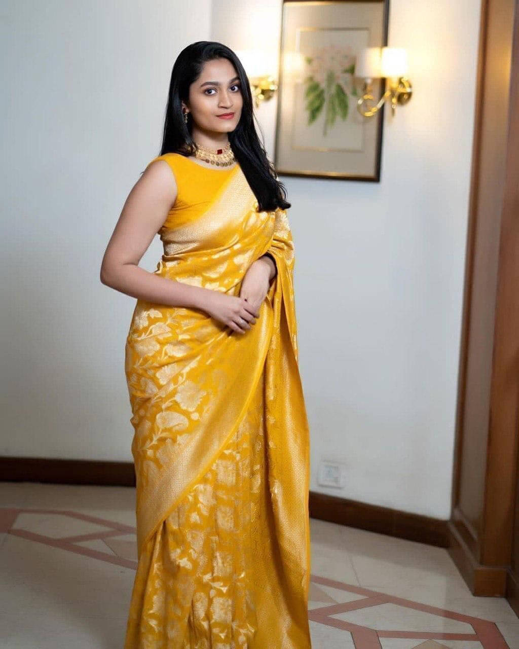 Bansari Textile Jacquard Embroidered Regular Saree With Unstitched Blouse Piece ( Yellow ) Bansari Textile Jacquard Embroidered Regular Saree With Unstitched Blouse Piece ( Yellow )